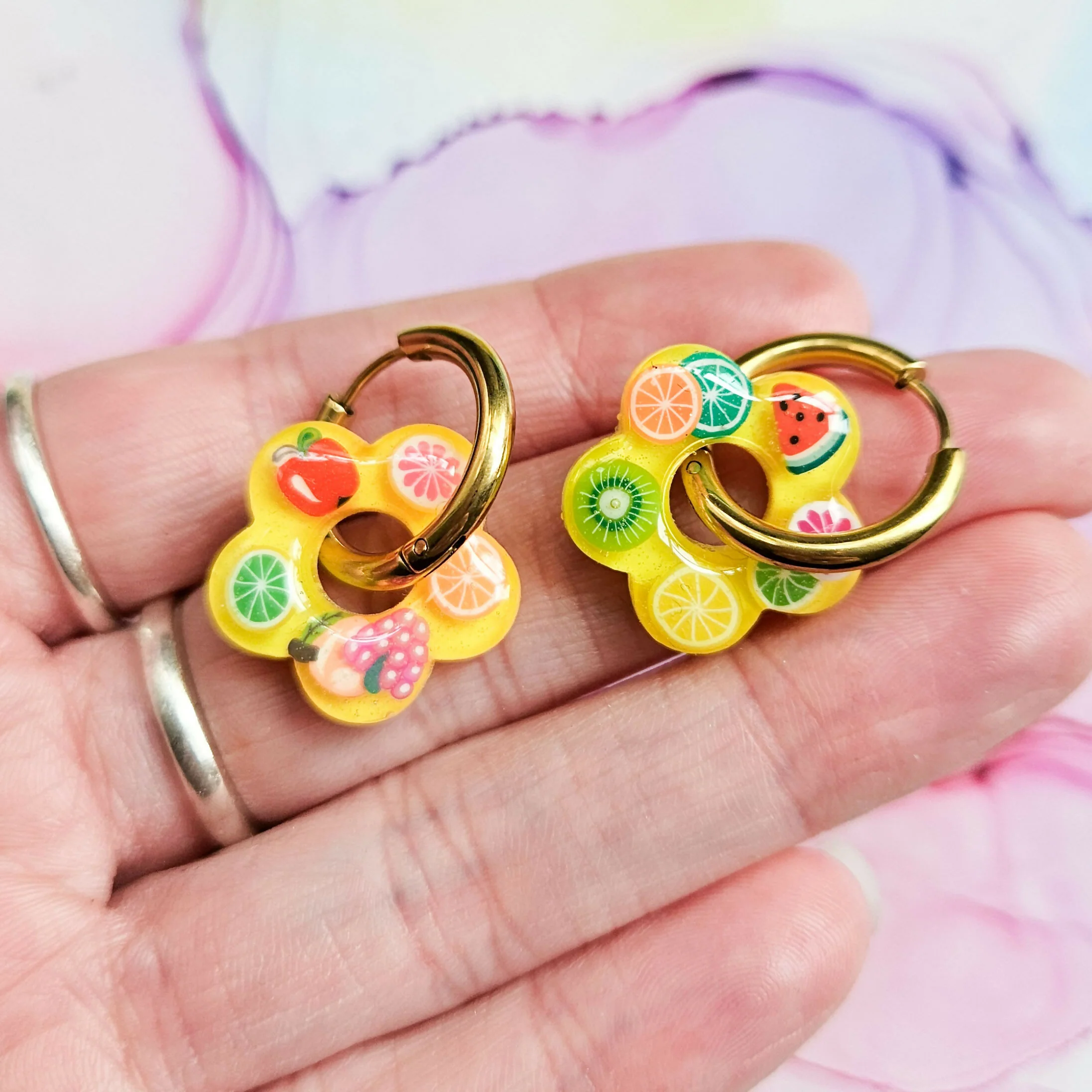 Handmade Yellow And Encased Fruit Slices Flower Resin Charms On Chunky Hoops - Image 2