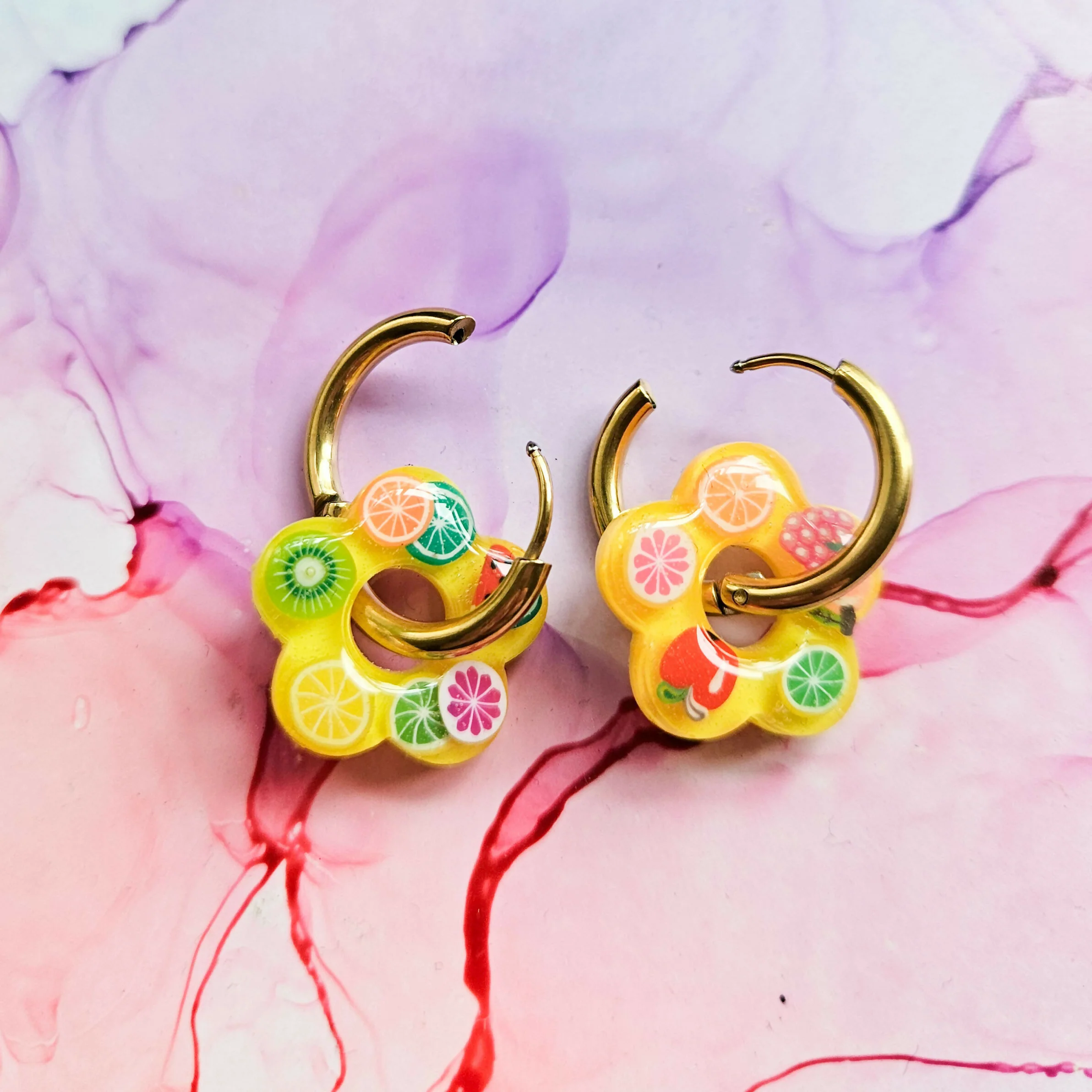 Handmade Yellow And Encased Fruit Slices Flower Resin Charms On Chunky Hoops - Image 3