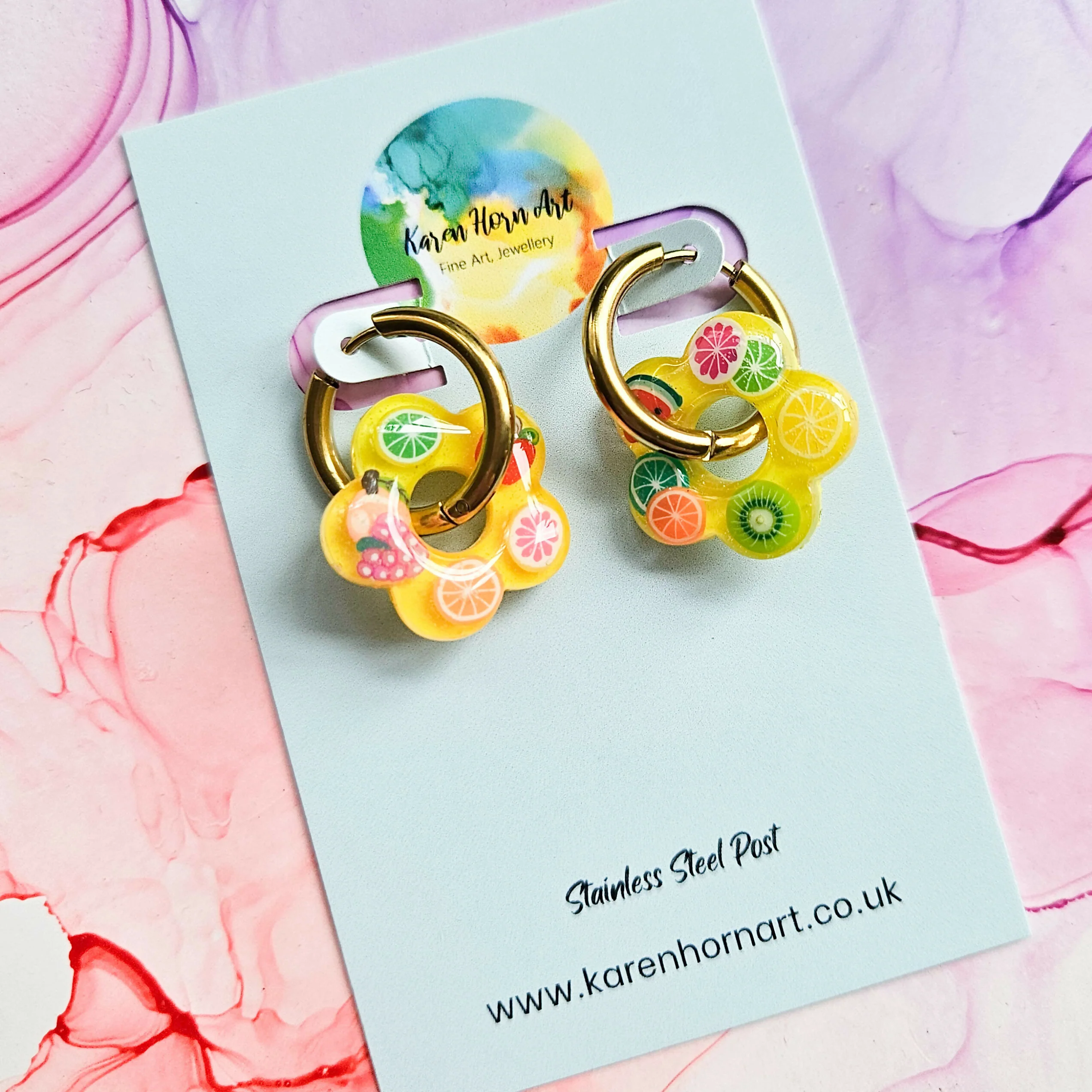 Handmade Yellow And Encased Fruit Slices Flower Resin Charms On Chunky Hoops - Image 4