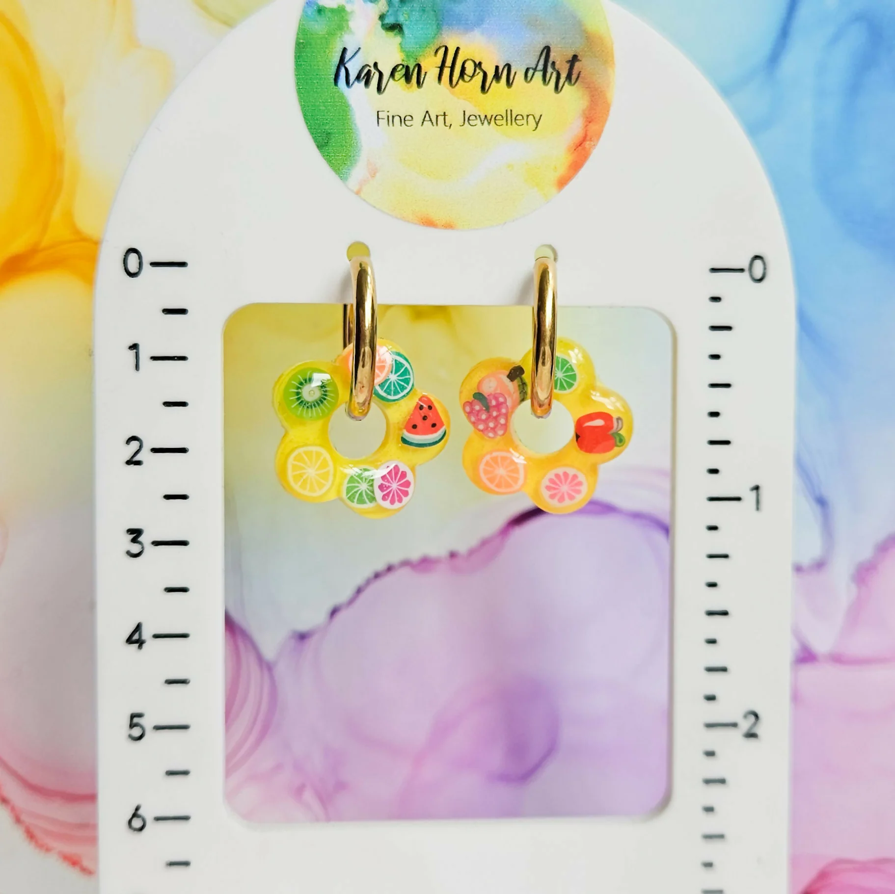 Handmade Yellow And Encased Fruit Slices Flower Resin Charms On Chunky Hoops - Image 5