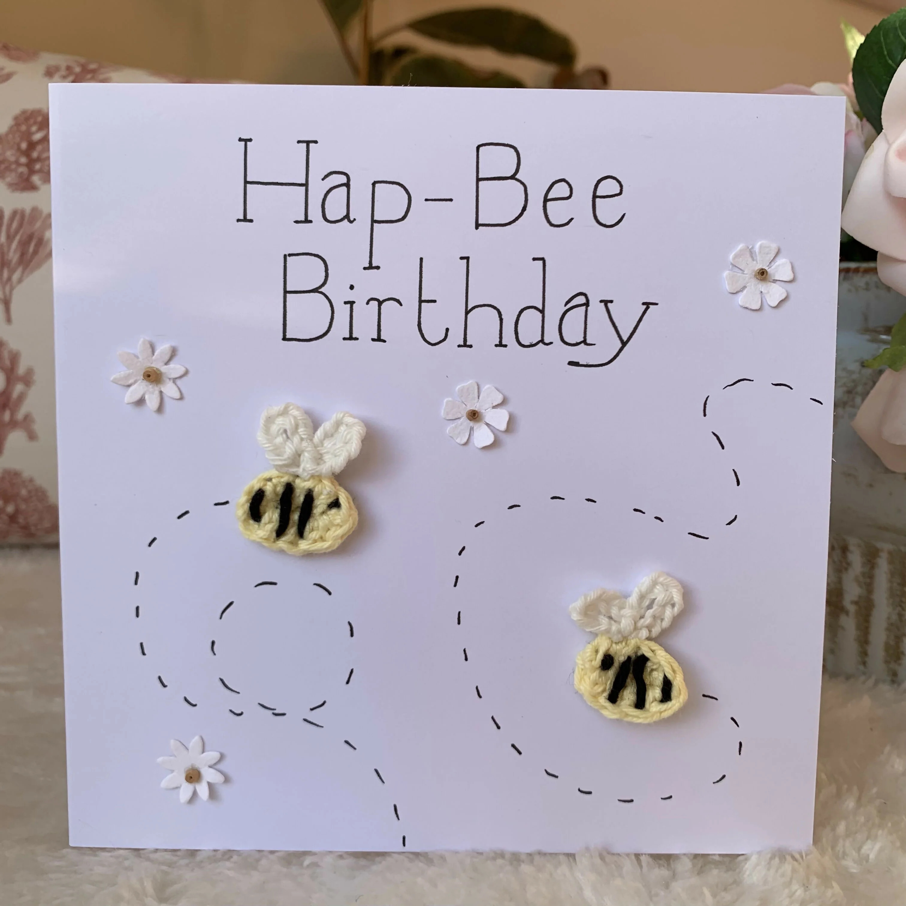 Happy Birthday Card (Hap-Bee Birthday) with Crocheted Bees. - Image 2