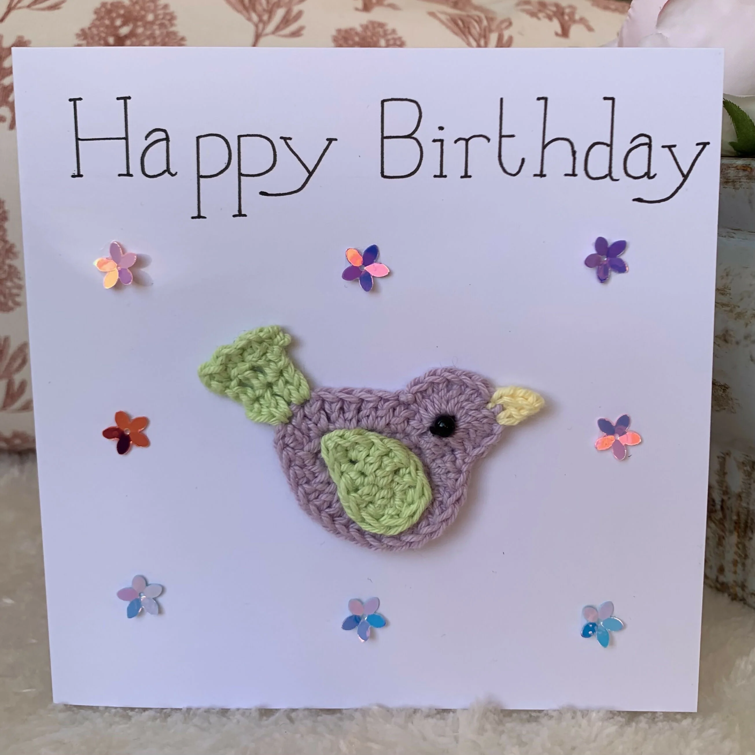 Happy Birthday Card with Crocheted Bird. - Image 2