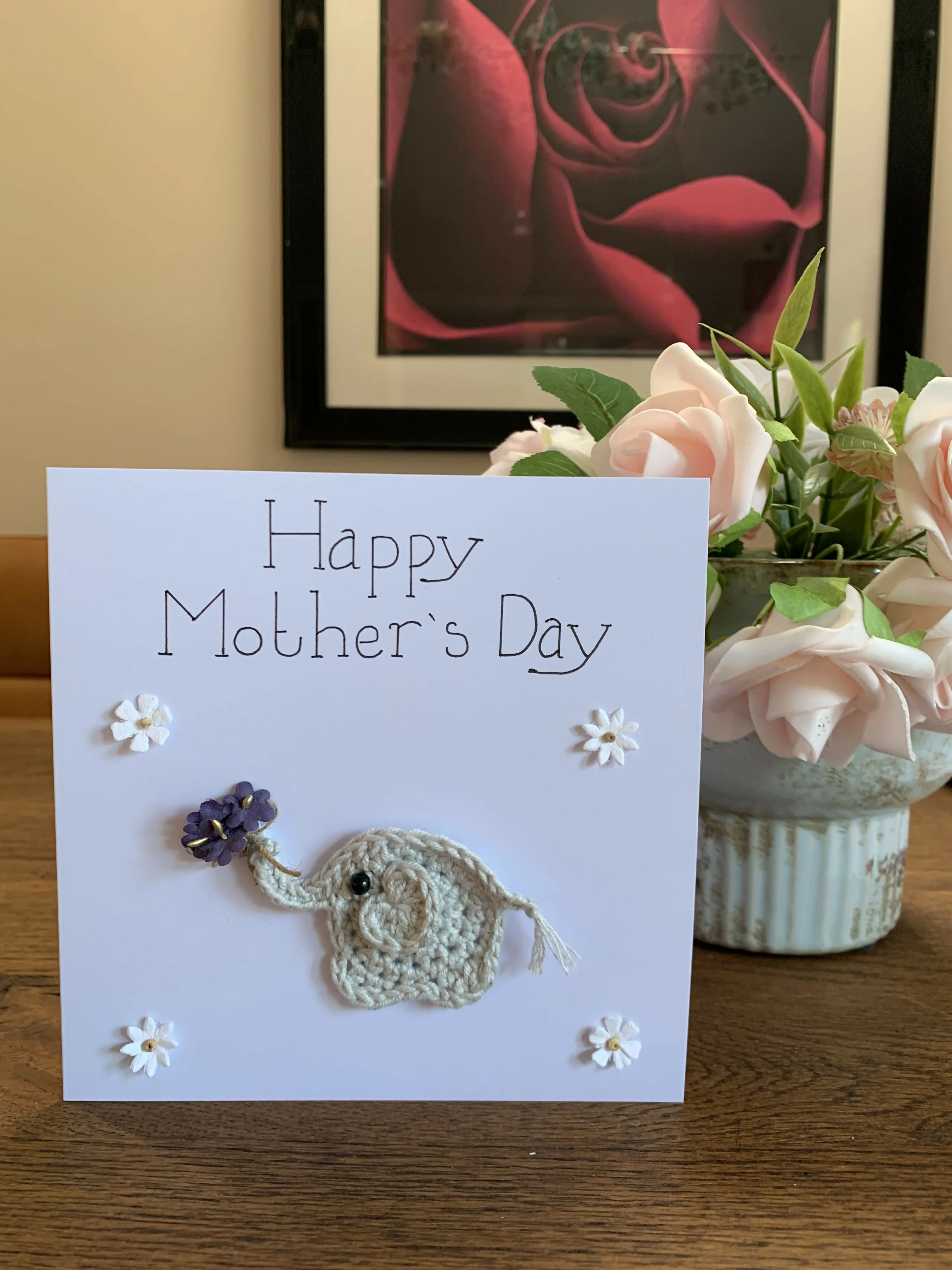 Happy Mother’s Day Crocheted card with Elephant.