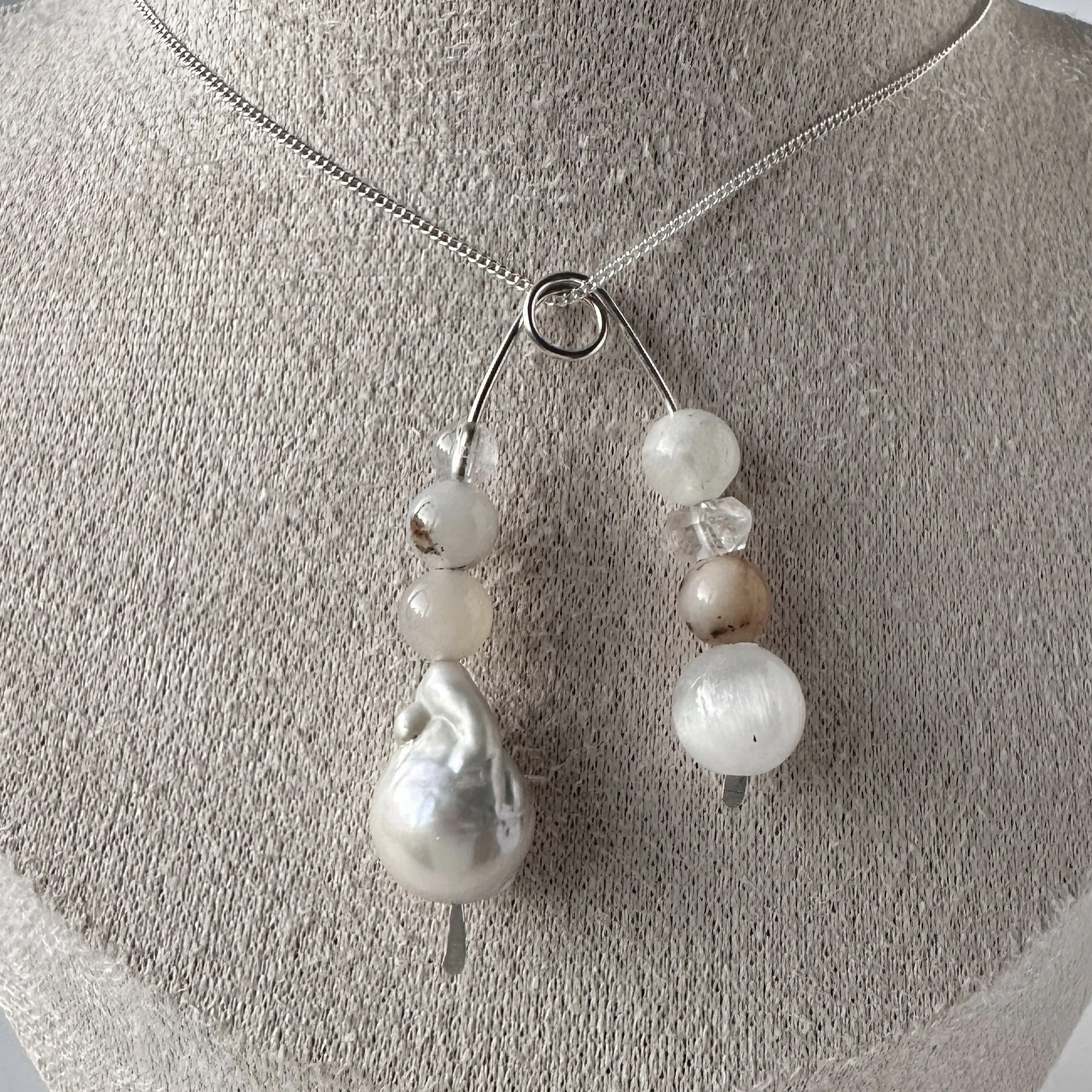 HEALING CRYSTAL & STERLING SILVER CROWN CHAKRA PENDANT WITH BAROQUE PEARL AND 18” CHAIN
