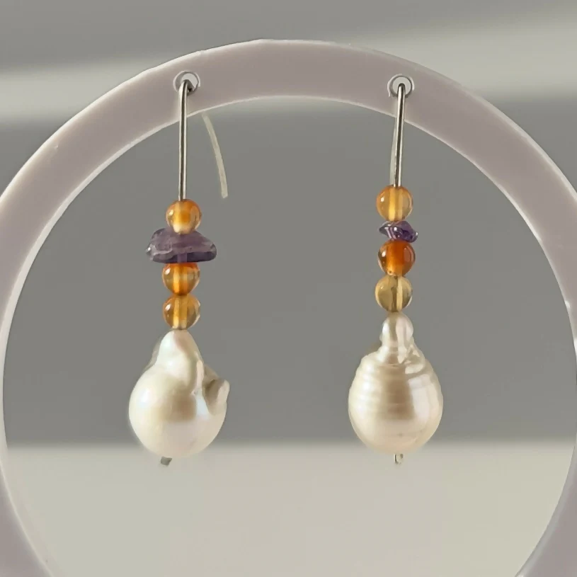 HEALING CRYSTAL & STERLING SILVER EARRINGS WITH BAROQUE PEARLS TO HELP WITH GRIEF & LOSS