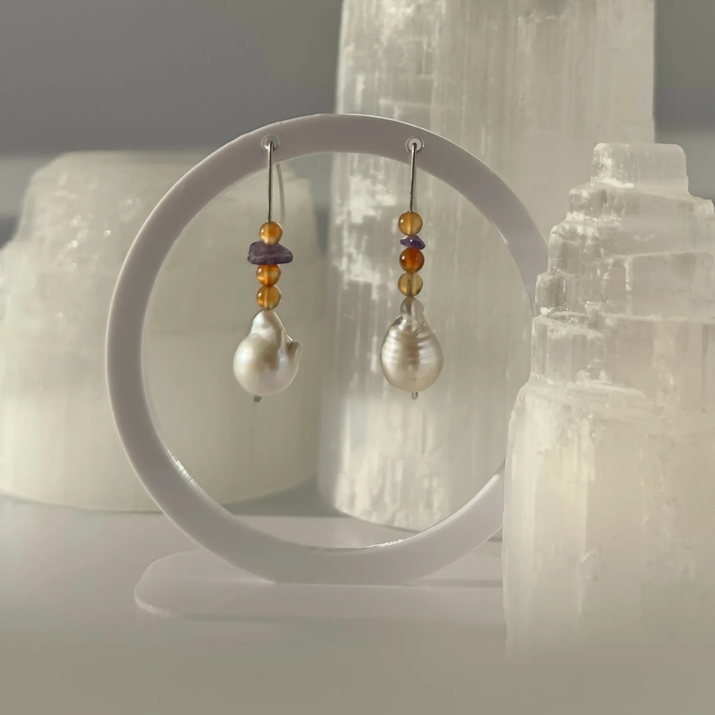 HEALING CRYSTAL & STERLING SILVER EARRINGS WITH BAROQUE PEARLS TO HELP WITH GRIEF & LOSS - Image 2