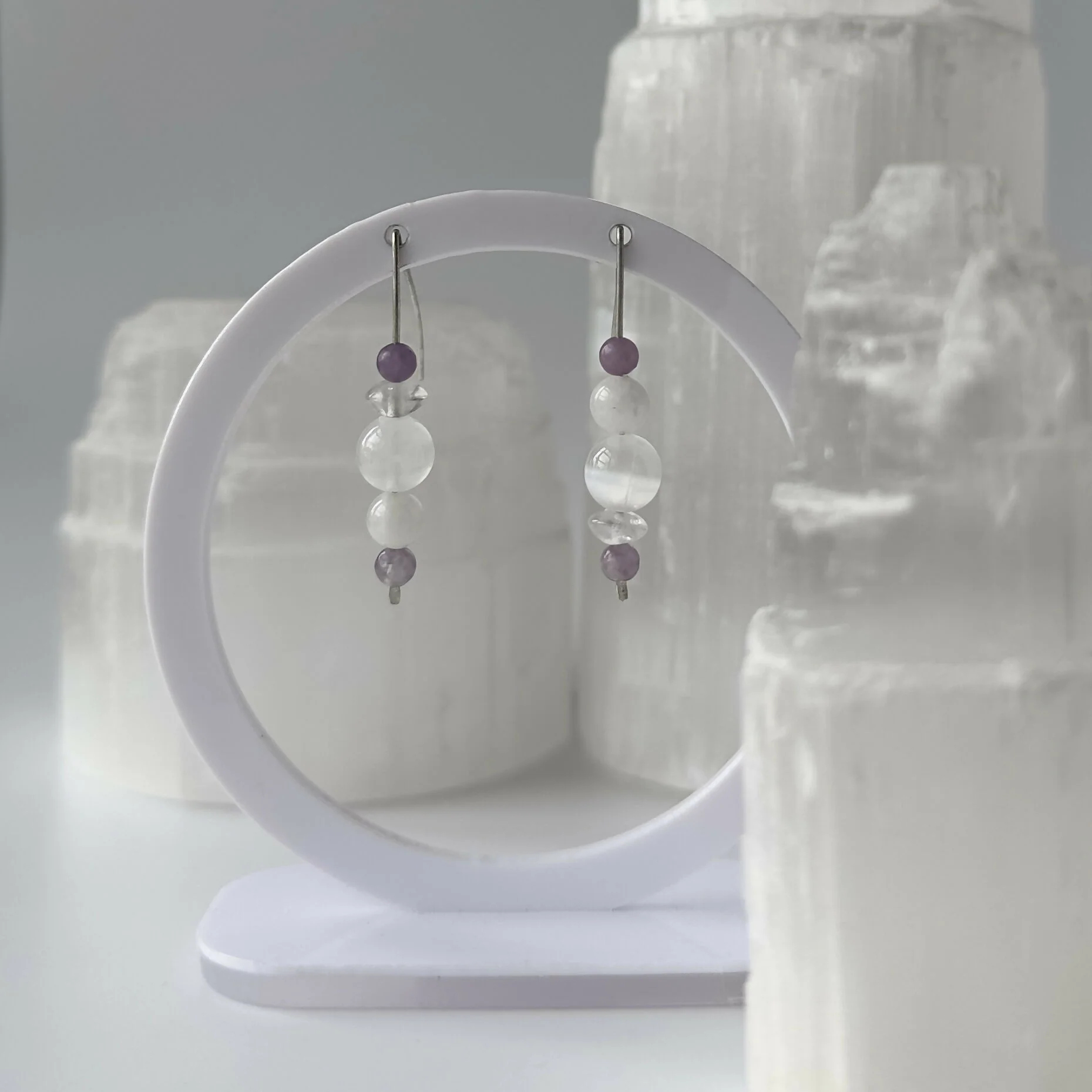 HEALING CRYSTAL & STERLING SILVER EARRINGS WITH SLIDING BEADS TO HELP BALANCE YOUR CROWN CHAKRA - Image 2