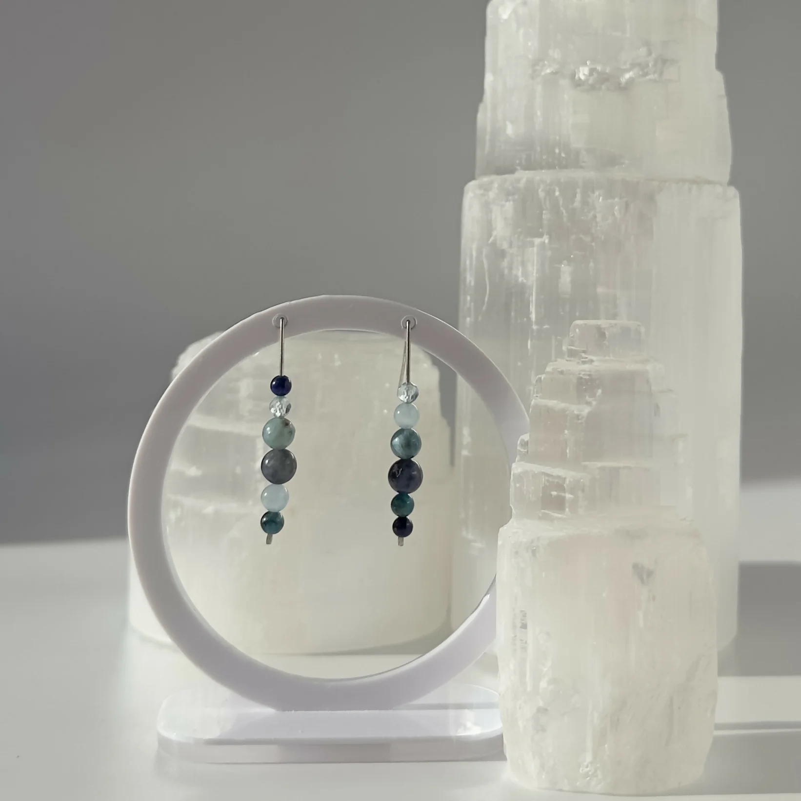 HEALING CRYSTAL & STERLING SILVER EARRINGS WITH SLIDING BEADS TO HELP BALANCE YOUR THROAT CHAKRA - Image 2