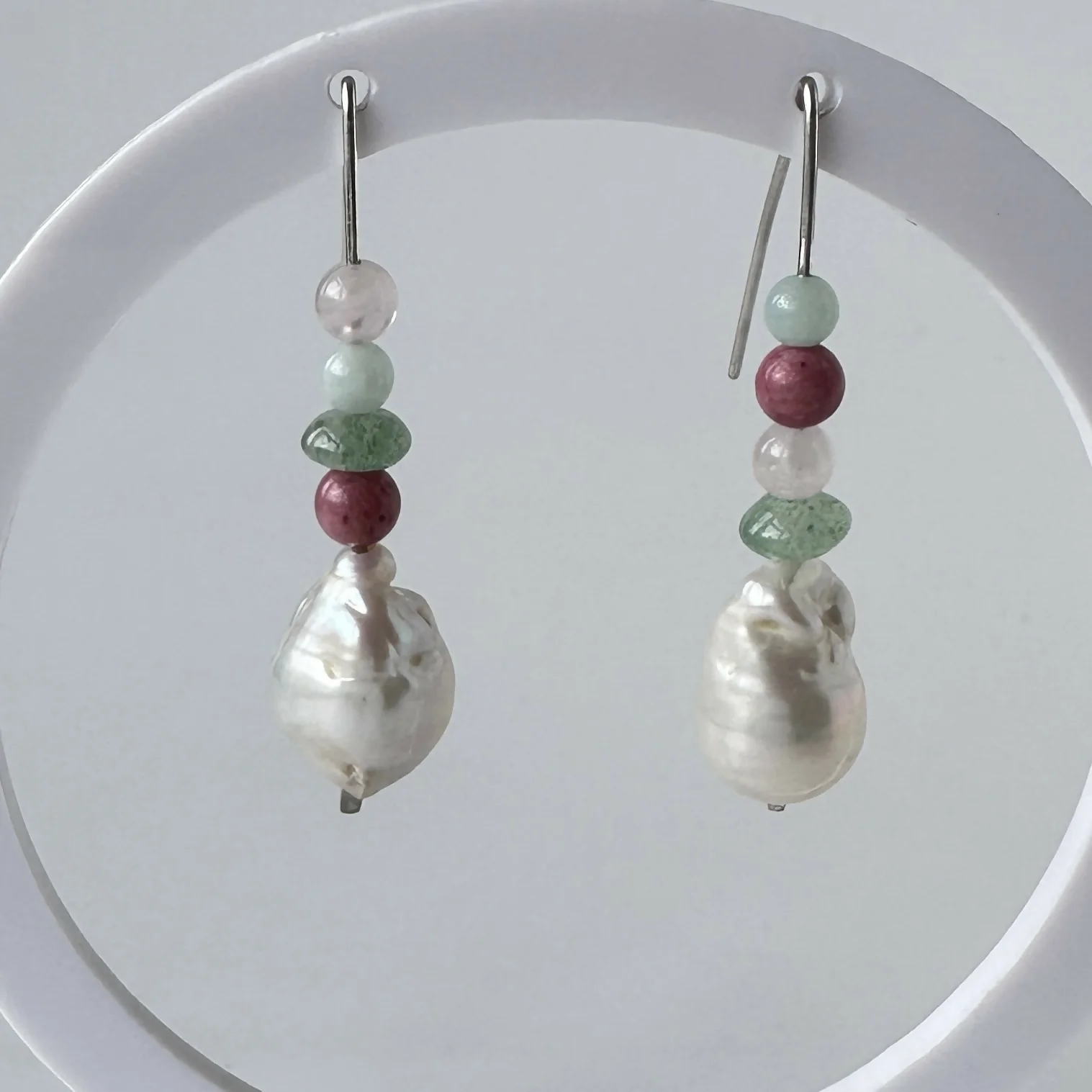 HEALING CRYSTAL & STERLING SILVER HEART CHAKRA EARRINGS WITH BAROQUE PEARLS