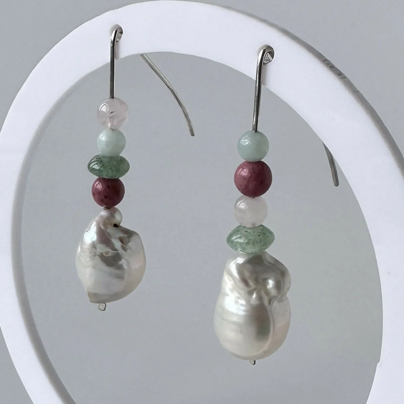 HEALING CRYSTAL & STERLING SILVER HEART CHAKRA EARRINGS WITH BAROQUE PEARLS - Image 2