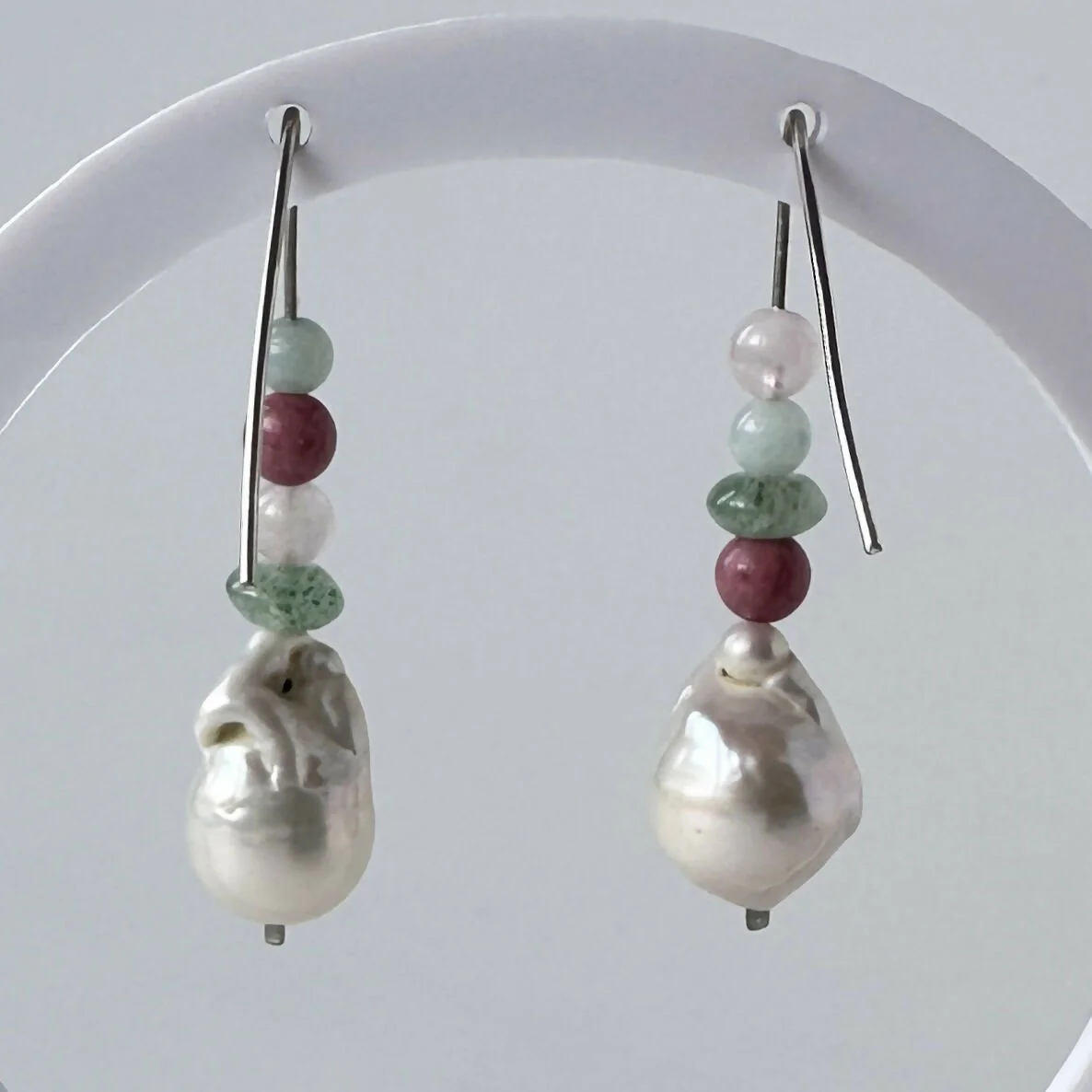 HEALING CRYSTAL & STERLING SILVER HEART CHAKRA EARRINGS WITH BAROQUE PEARLS - Image 4