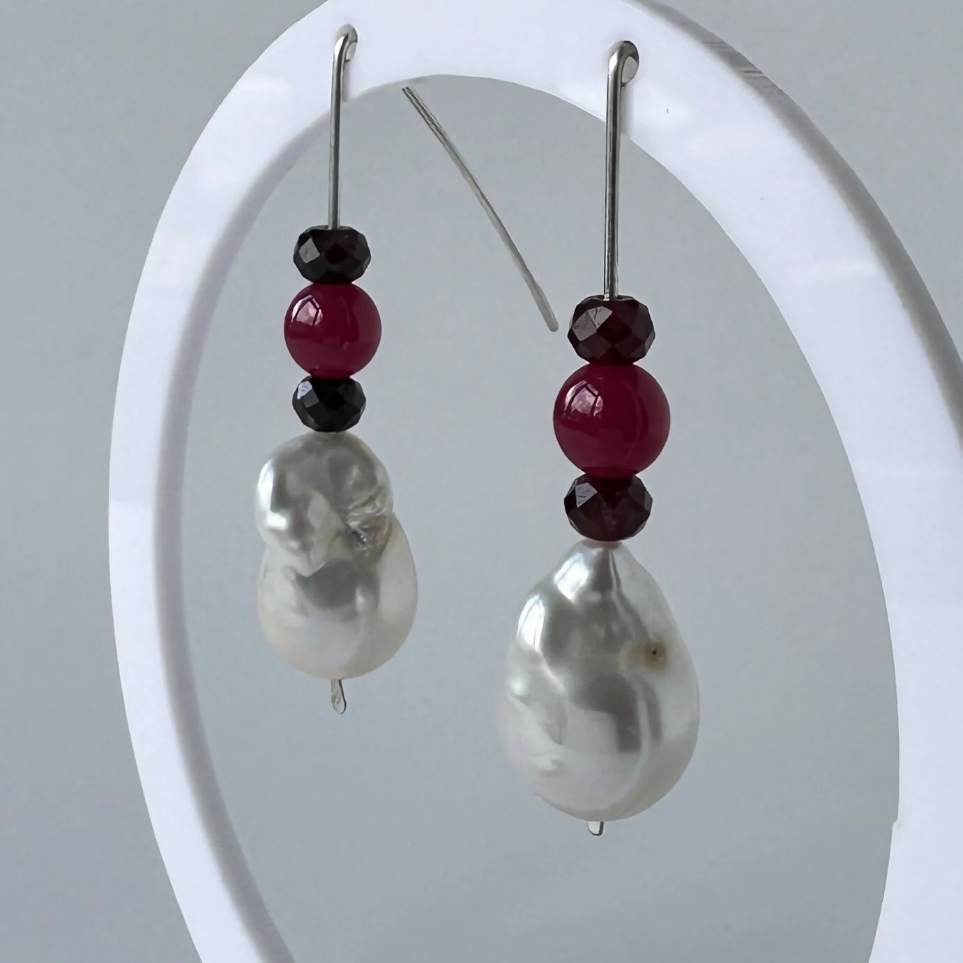 HEALING CRYSTAL & STERLING SILVER ROOT CHAKRA EARRINGS WITH BAROQUE PEARLS - Image 2