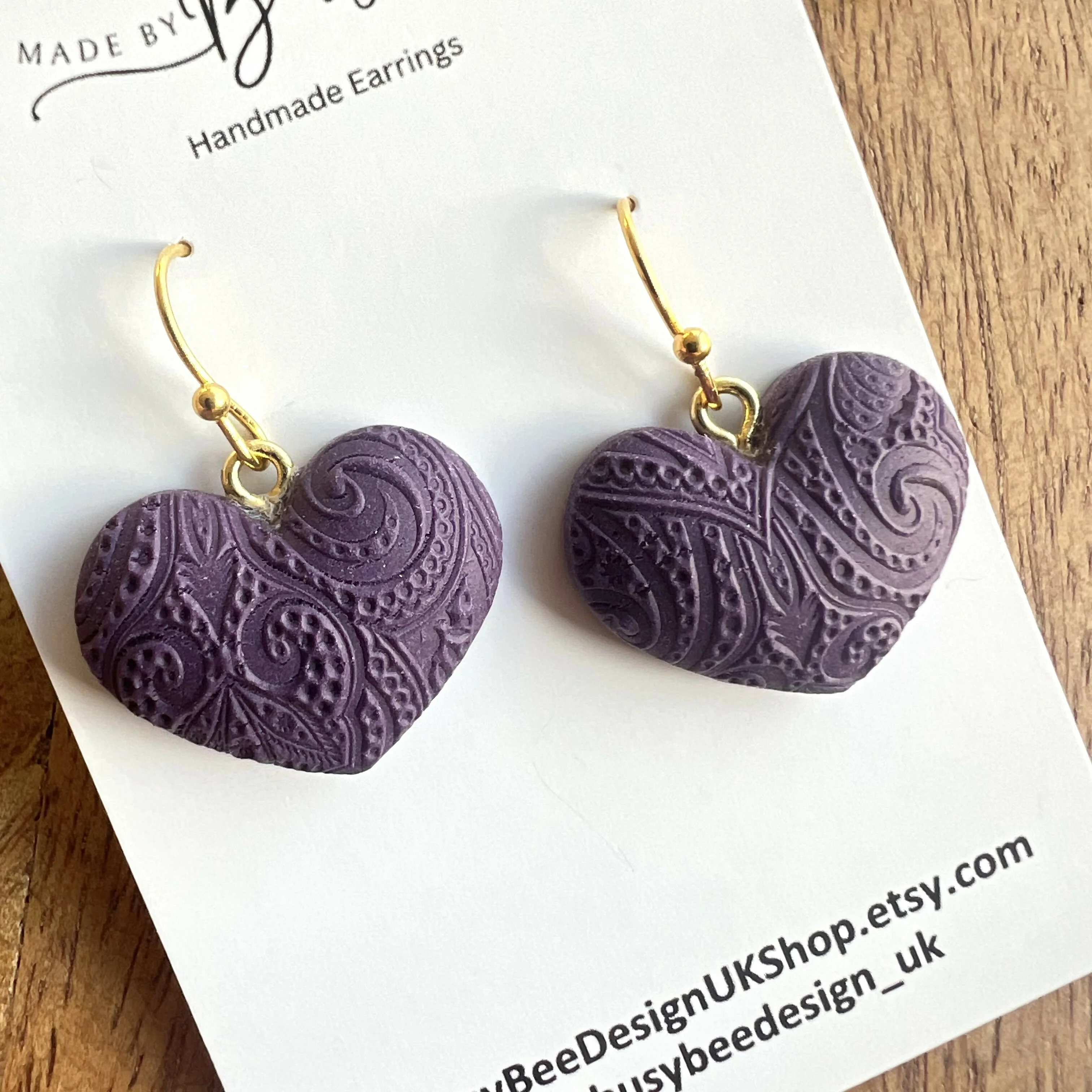 Heart Dangle Earrings – Polymer Clay Textured Earrings, Dainty Earrings, Handmade Clay Jewellery