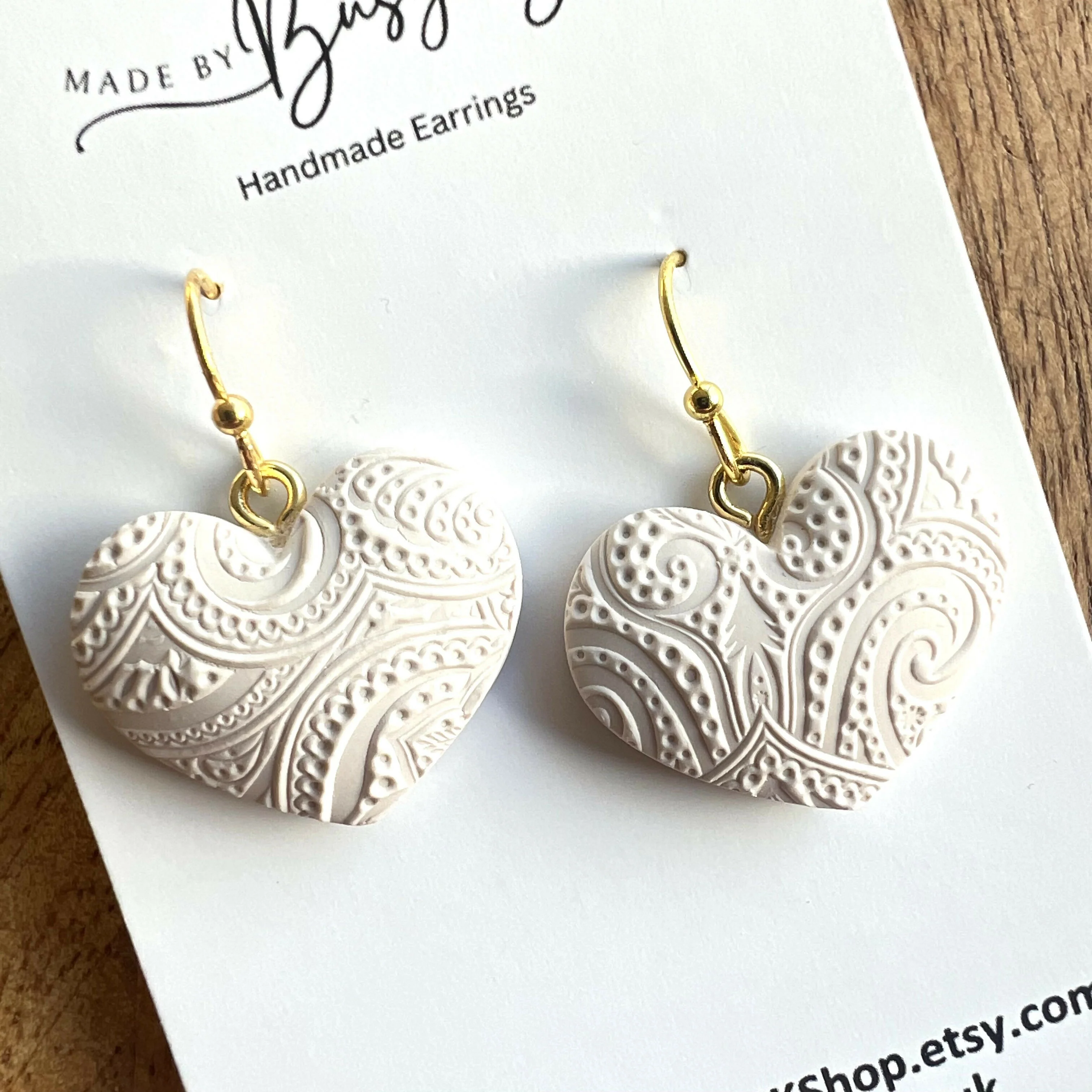 Heart Dangle Earrings – Polymer Clay Textured Earrings, Dainty Earrings, Handmade Clay Jewellery - Image 2