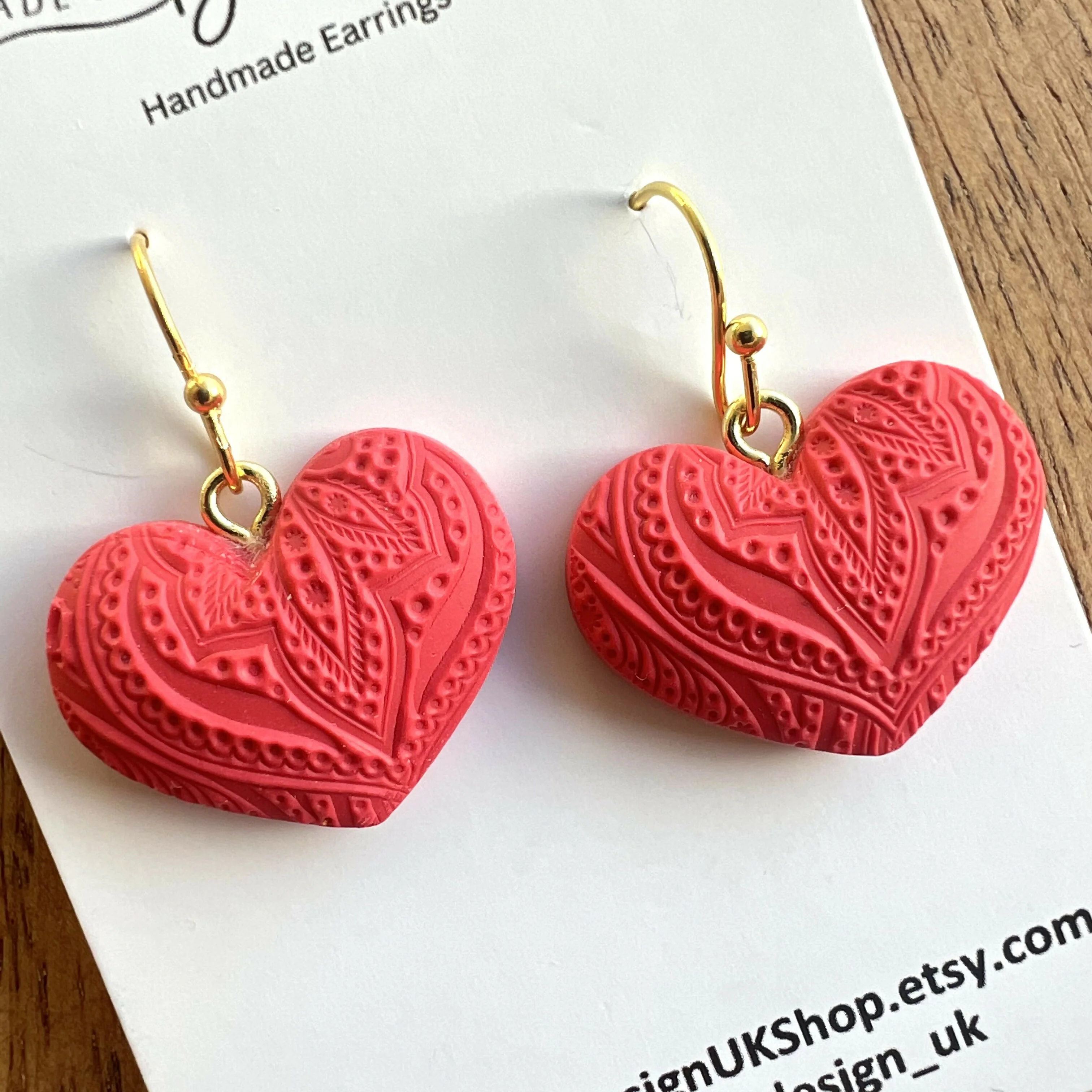Heart Dangle Earrings – Polymer Clay Textured Earrings, Dainty Earrings, Handmade Clay Jewellery - Image 3