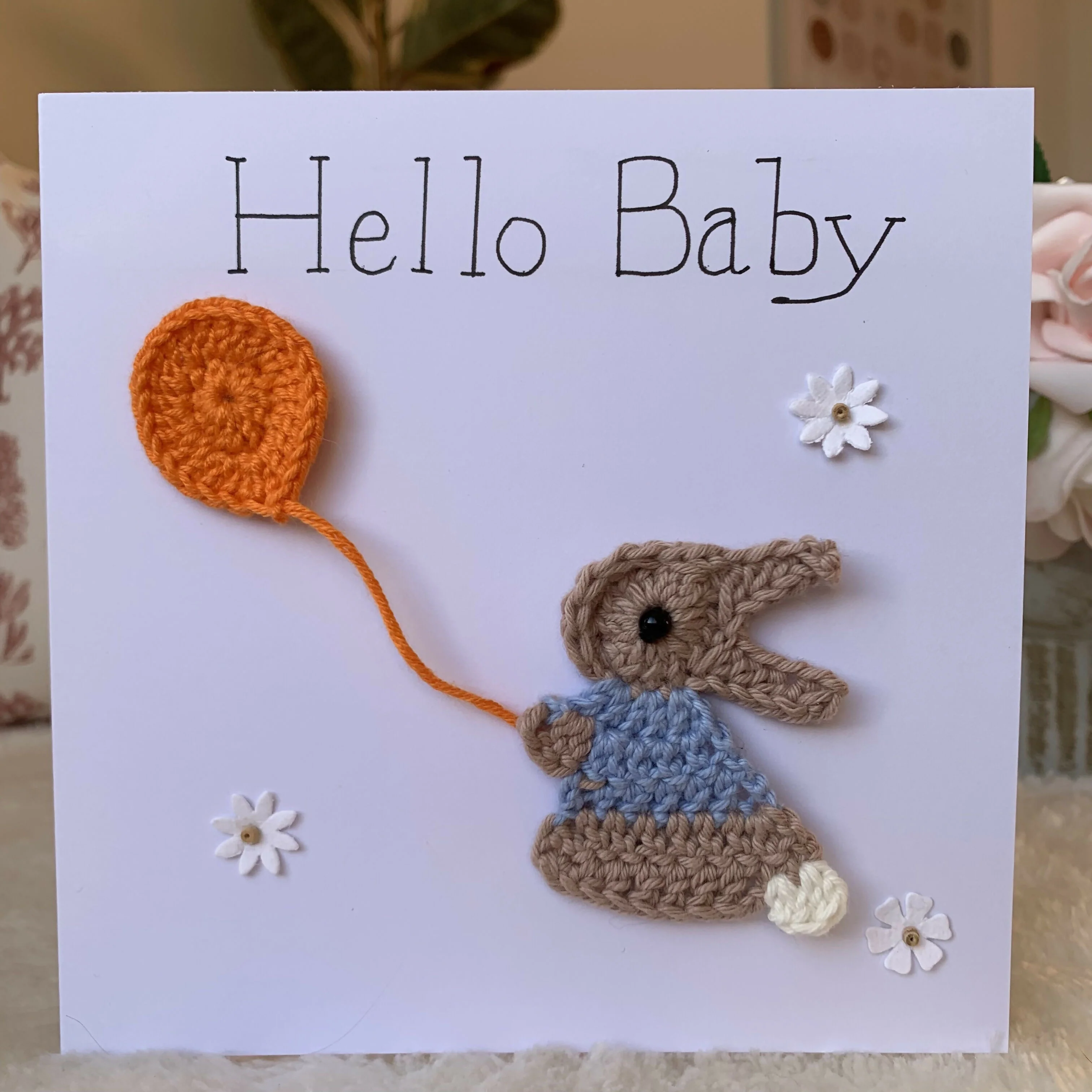 Hello Baby Crocheted card with Rabbit or Elephant - Image 4