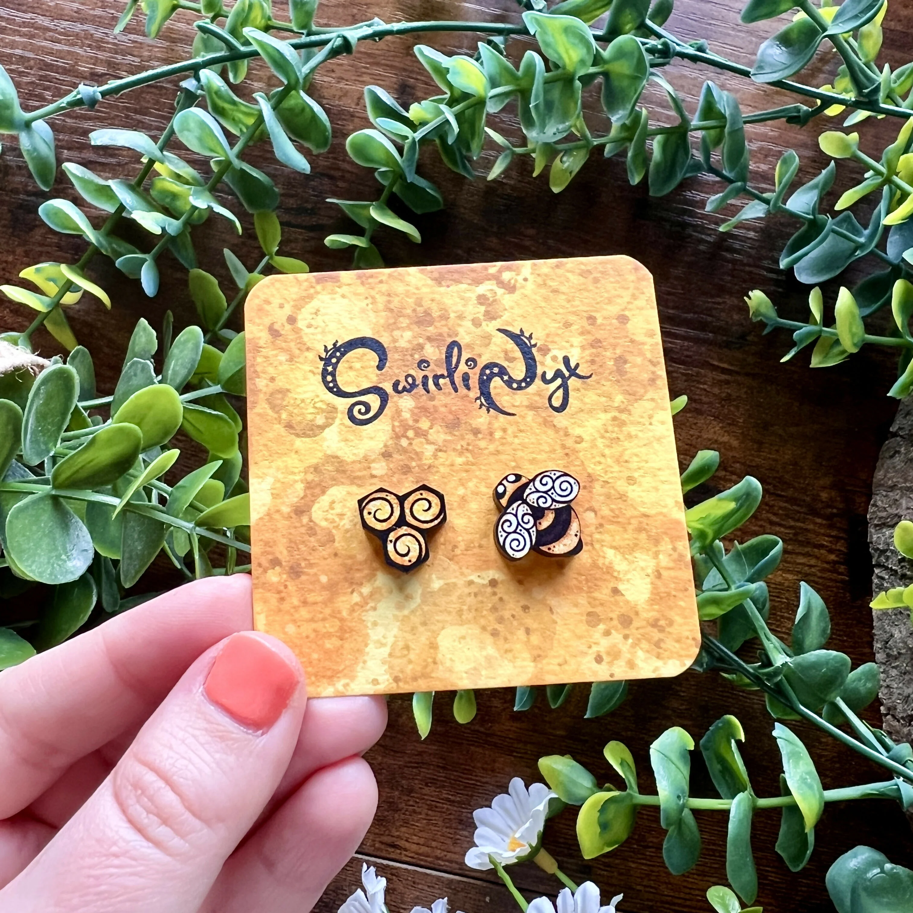 Honey Bee Wooden Earrings - Image 3