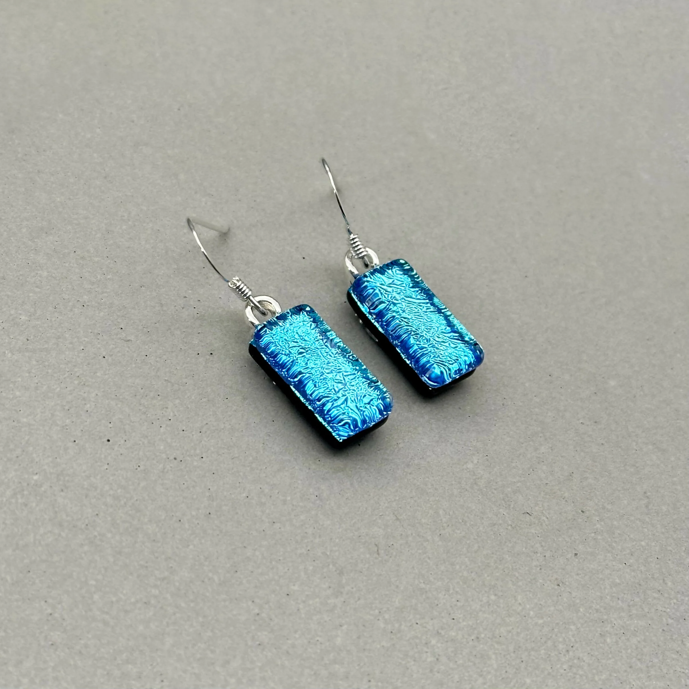 Ice Blue Dichroic Fused Glass Dangle Sterling Silver Earrings - Handmade by Jade Tapson Glass. - Image 2