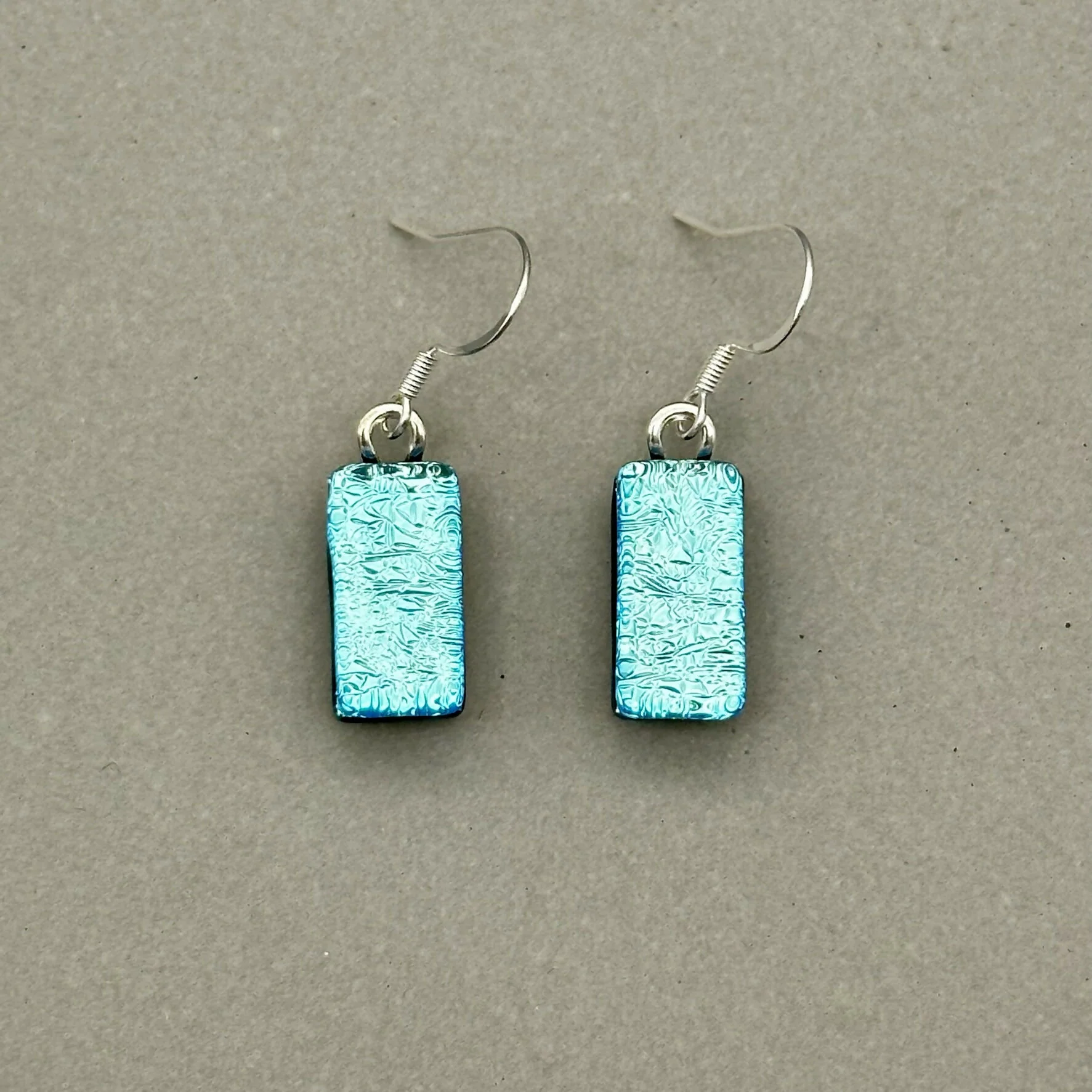 Ice Blue Dichroic Fused Glass Dangle Sterling Silver Earrings - Handmade by Jade Tapson Glass. - Image 3