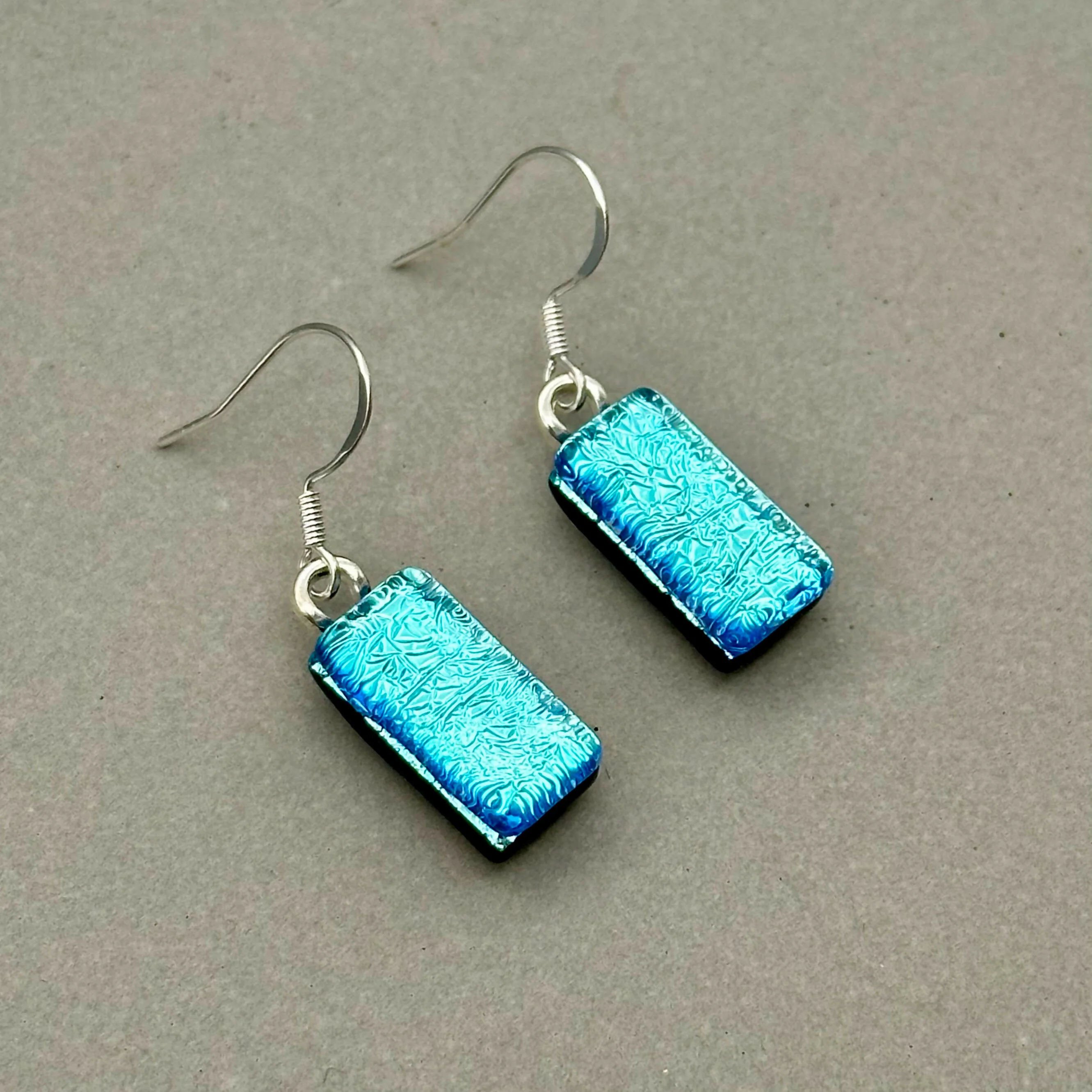 Ice Blue Dichroic Fused Glass Dangle Sterling Silver Earrings - Handmade by Jade Tapson Glass. - Image 4