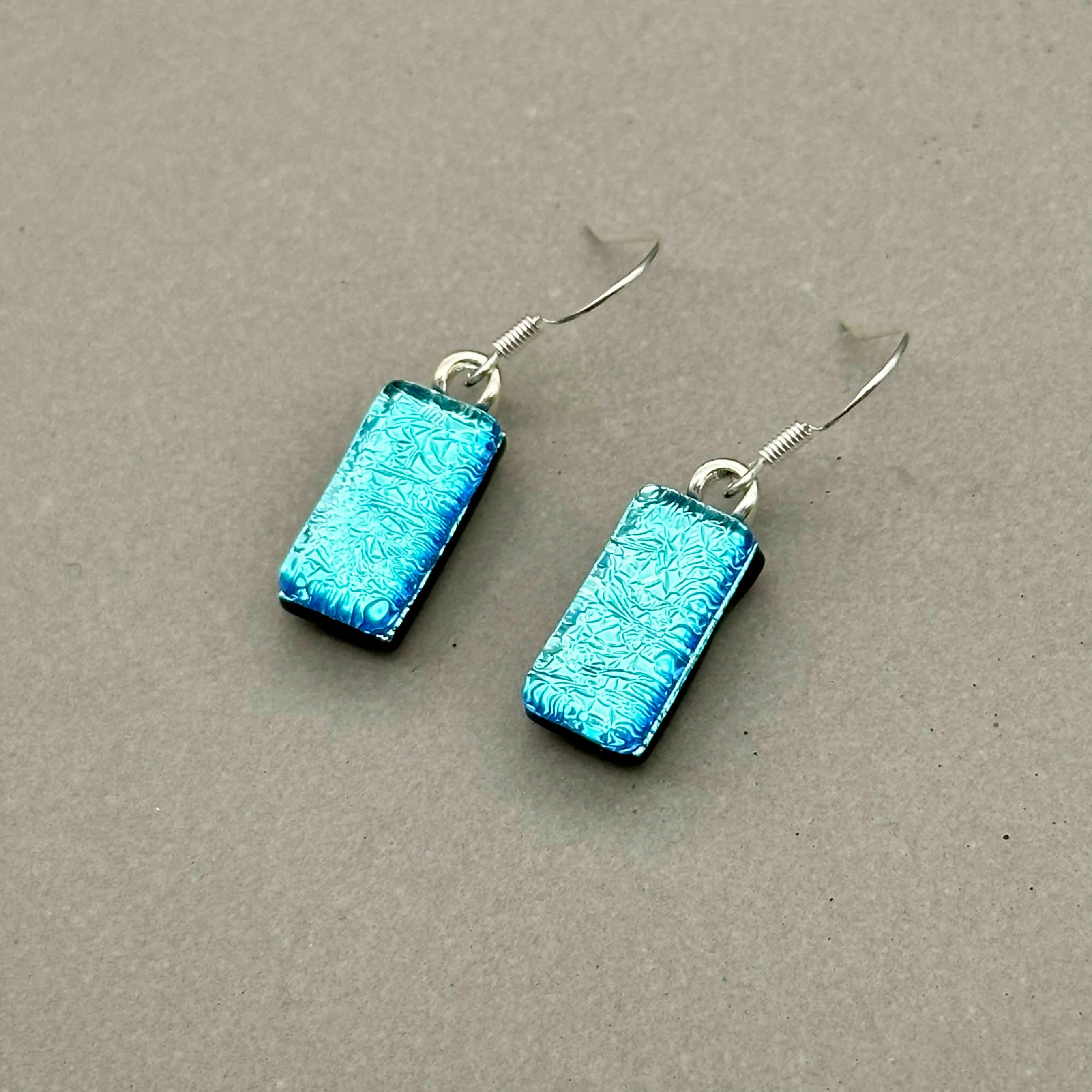 Ice Blue Dichroic Fused Glass Dangle Sterling Silver Earrings - Handmade by Jade Tapson Glass. - Image 5