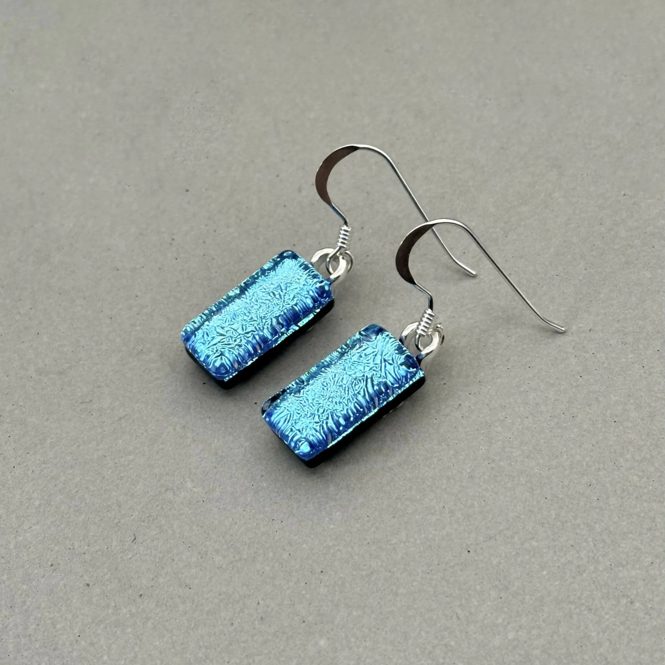 Ice Blue Dichroic Fused Glass Dangle Sterling Silver Earrings - Handmade by Jade Tapson Glass. - Image 7