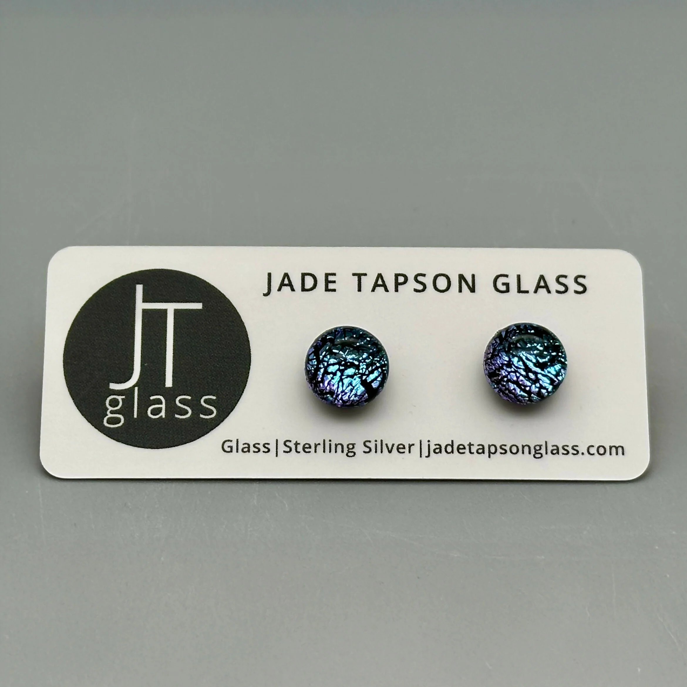 Ice Blue & Purple Dichroic Fused Glass Sterling Silver Stud Earrings - Handmade by Jade Tapson Glass.