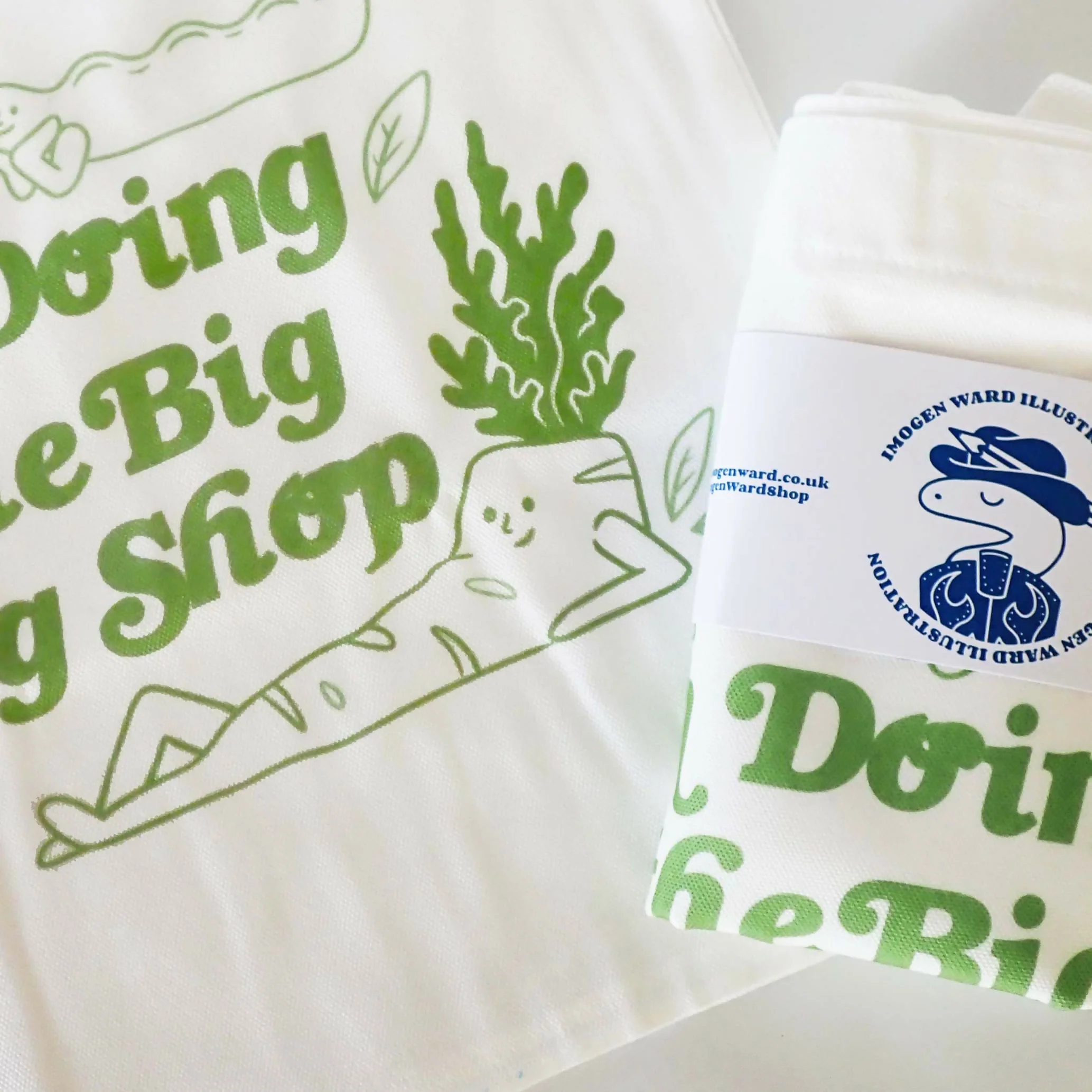 "I'm doing the big veg shop." Hand printed, illustrated, white canvas tote bag - Image 2