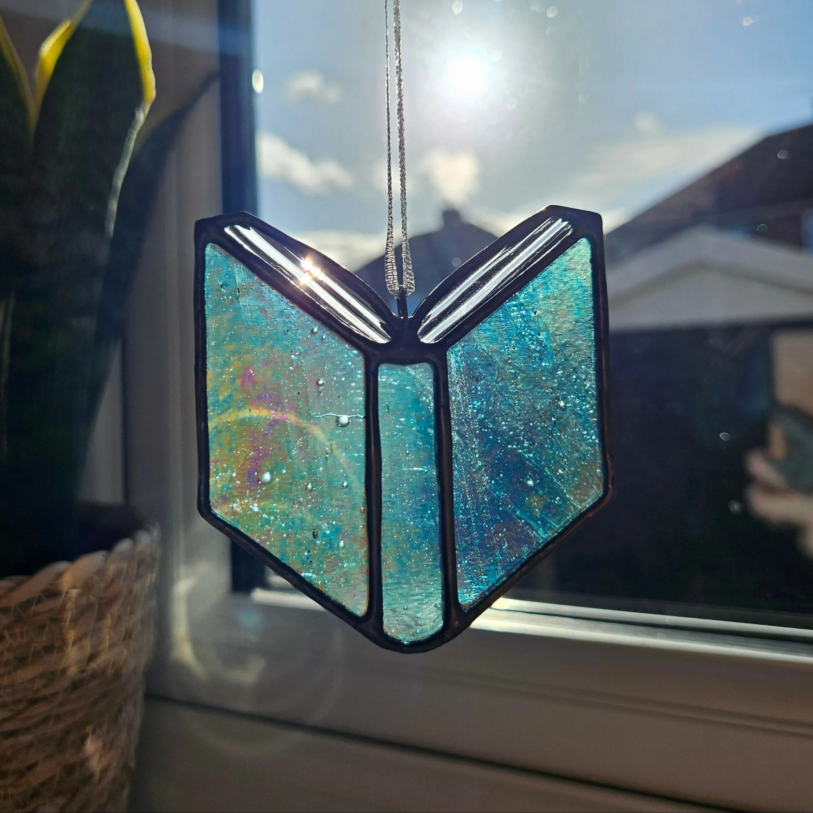 Iridescent Blue Book Stained Glass Suncatcher - Image 2