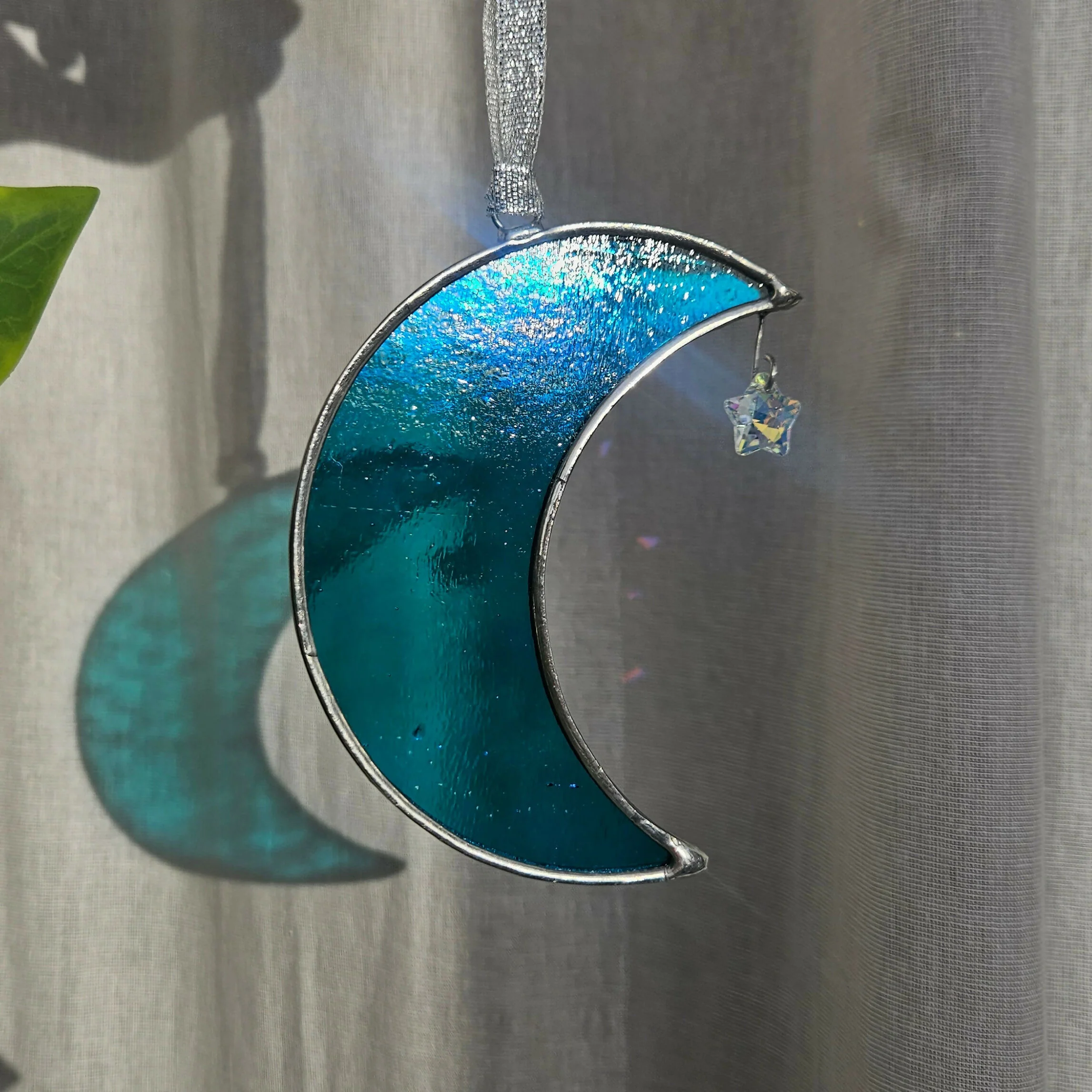 Iridescent Blue Crescent Moon Stained Glass Suncatcher