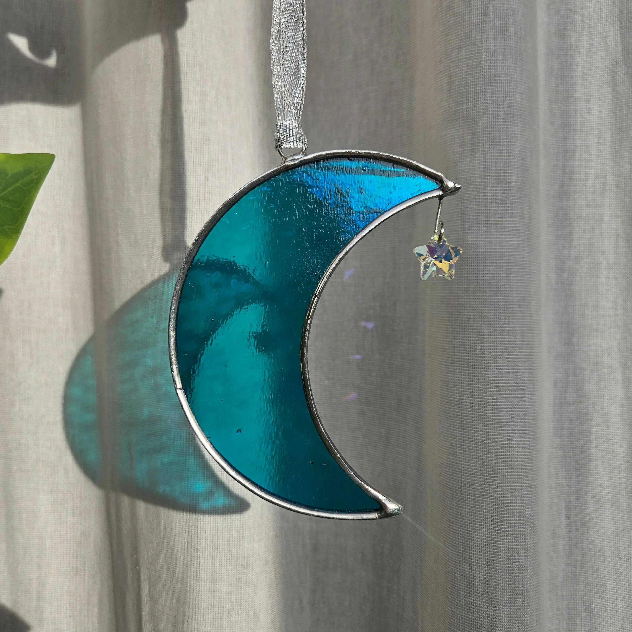 Iridescent Blue Crescent Moon Stained Glass Suncatcher - Image 2