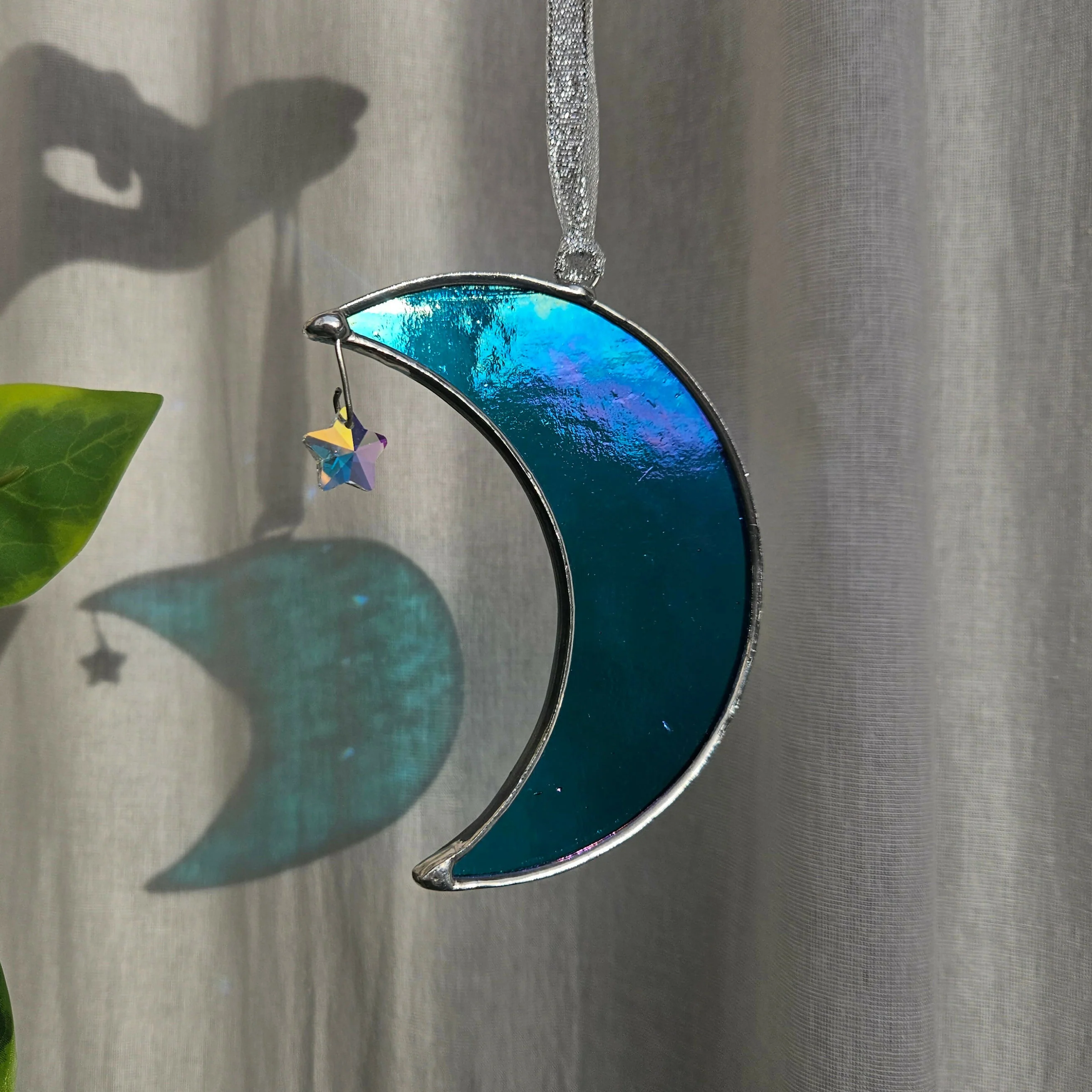 Iridescent Blue Crescent Moon Stained Glass Suncatcher - Image 3