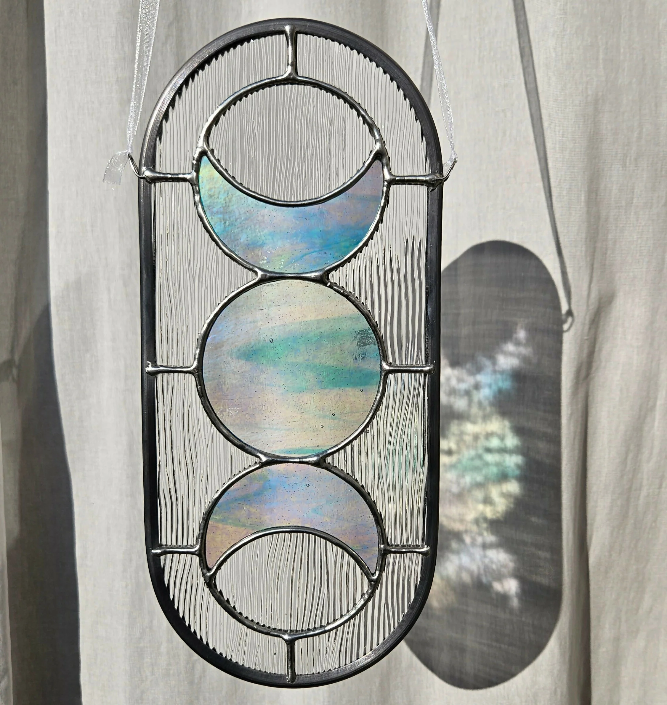 Iridescent & Clear Corded Moon-Phase Stained Glass Panel - Image 3