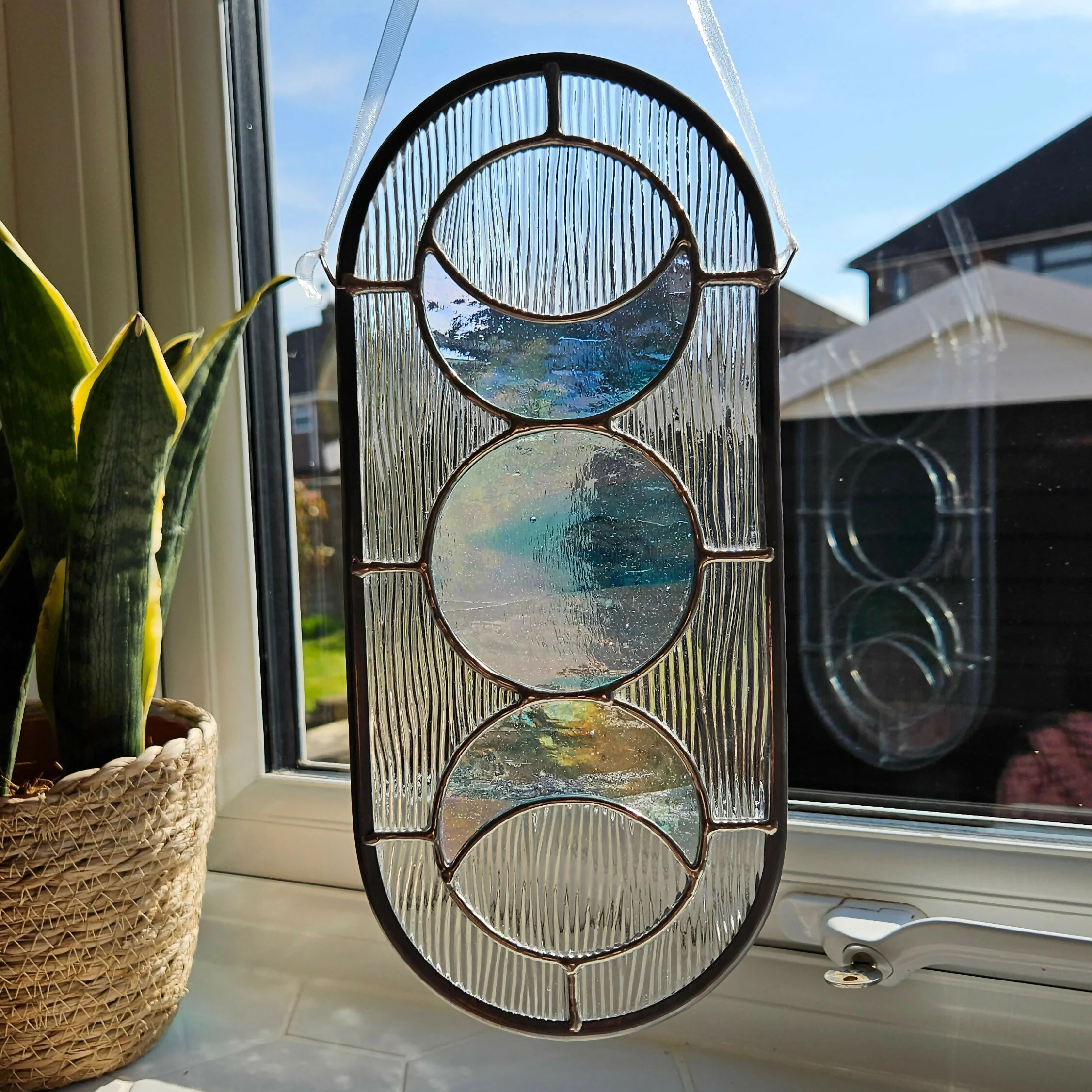Iridescent & Clear Corded Moon-Phase Stained Glass Panel - Image 4