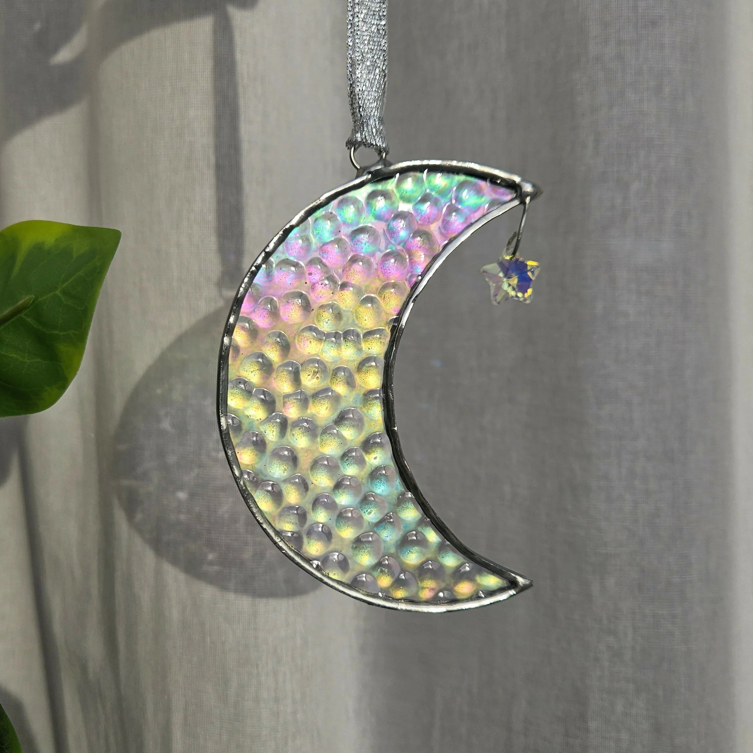 Iridescent Hammered Crescent Moon Stained Glass Suncatcher
