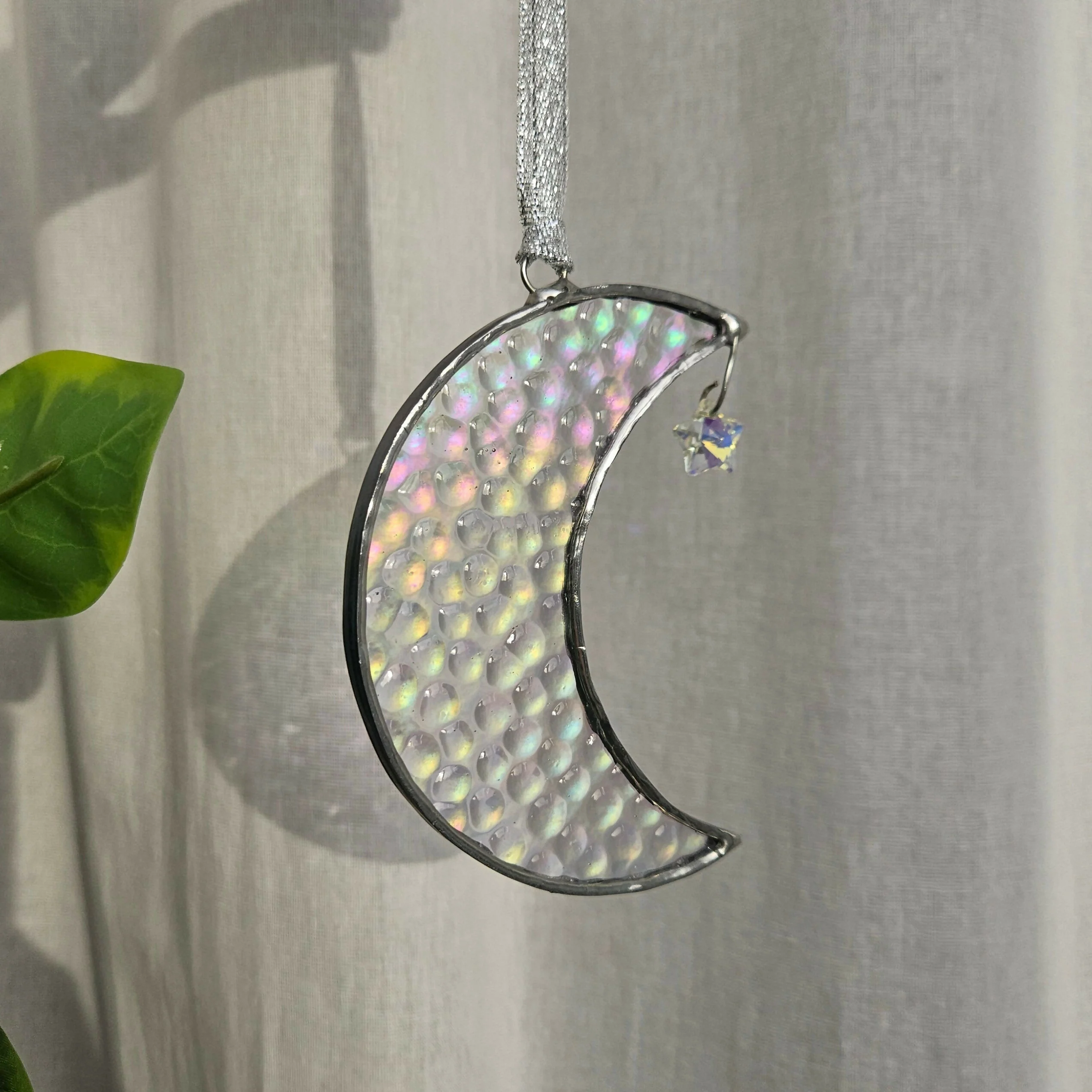 Iridescent Hammered Crescent Moon Stained Glass Suncatcher - Image 3