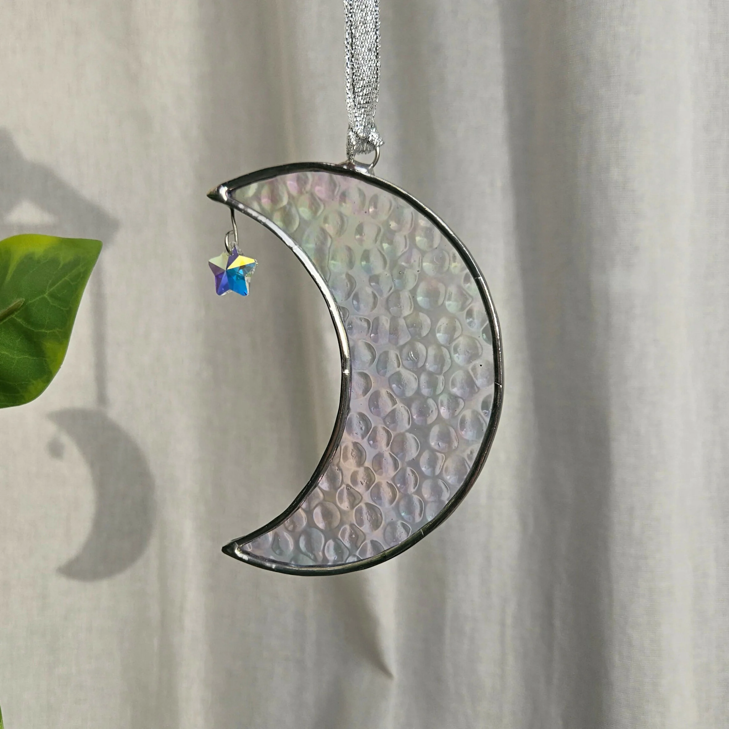 Iridescent Hammered Crescent Moon Stained Glass Suncatcher - Image 4