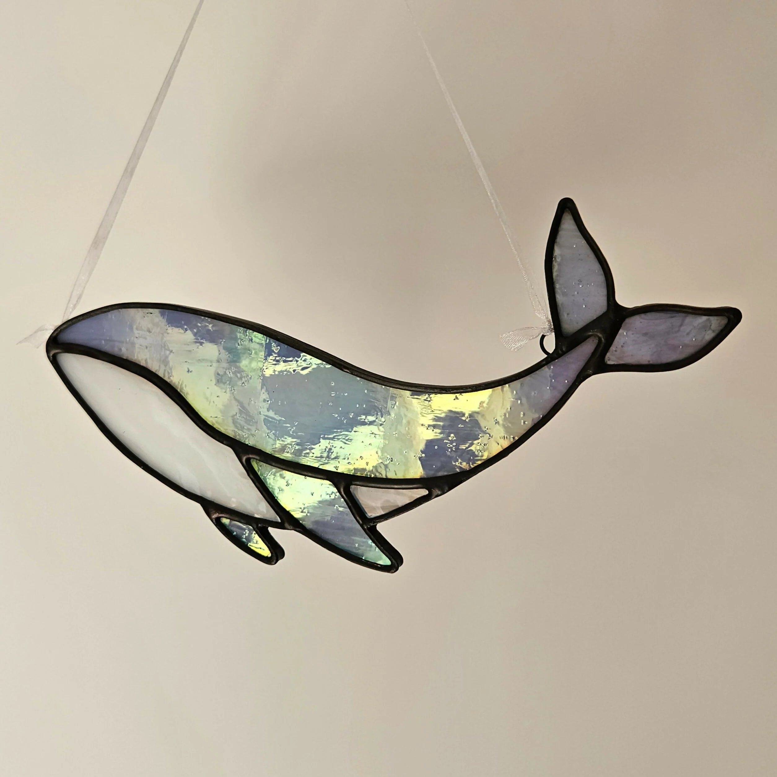 Iridescent Purple & White Whale Stained Glass Suncatcher - Image 3