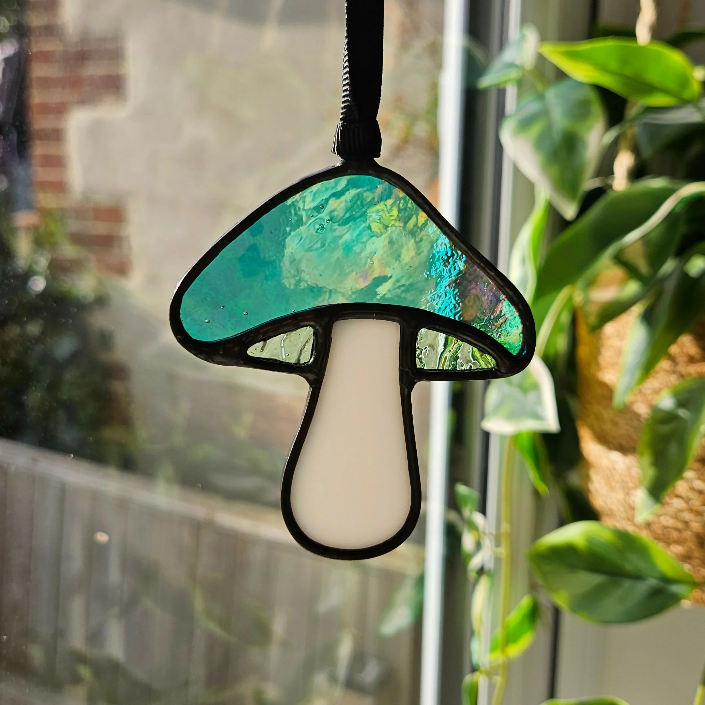 Iridescent Teal Green Mushroom Stained Glass Suncatcher - Image 2