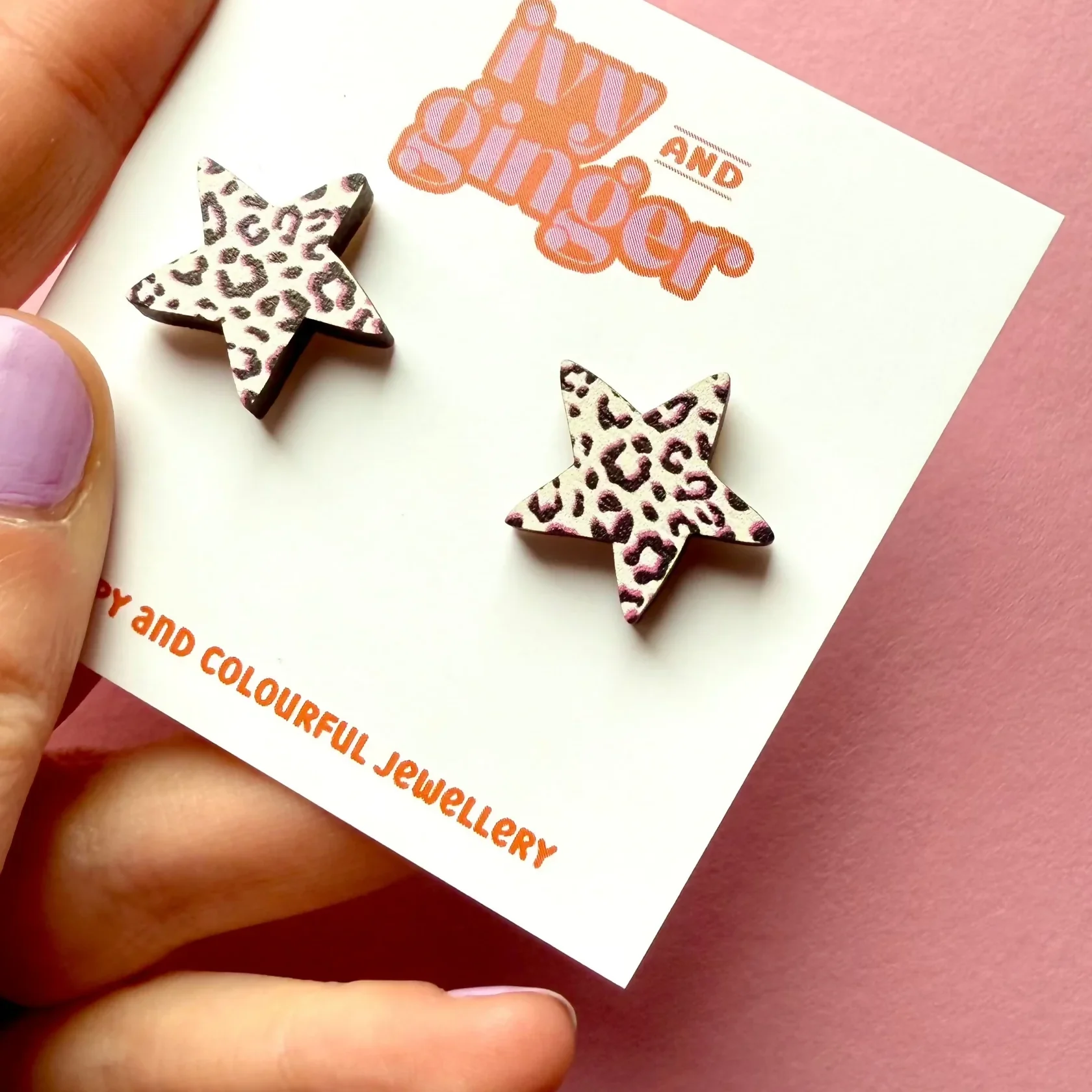 Large Black, White And Pink Leopard Print Star Studs - Image 2