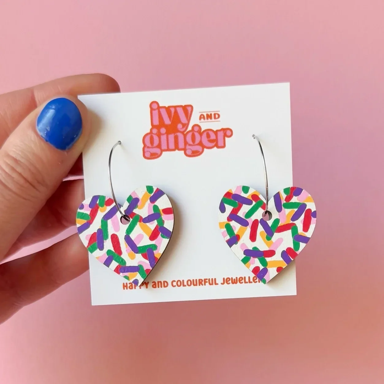 Large Confetti Heart Hoop Wooden Earrings