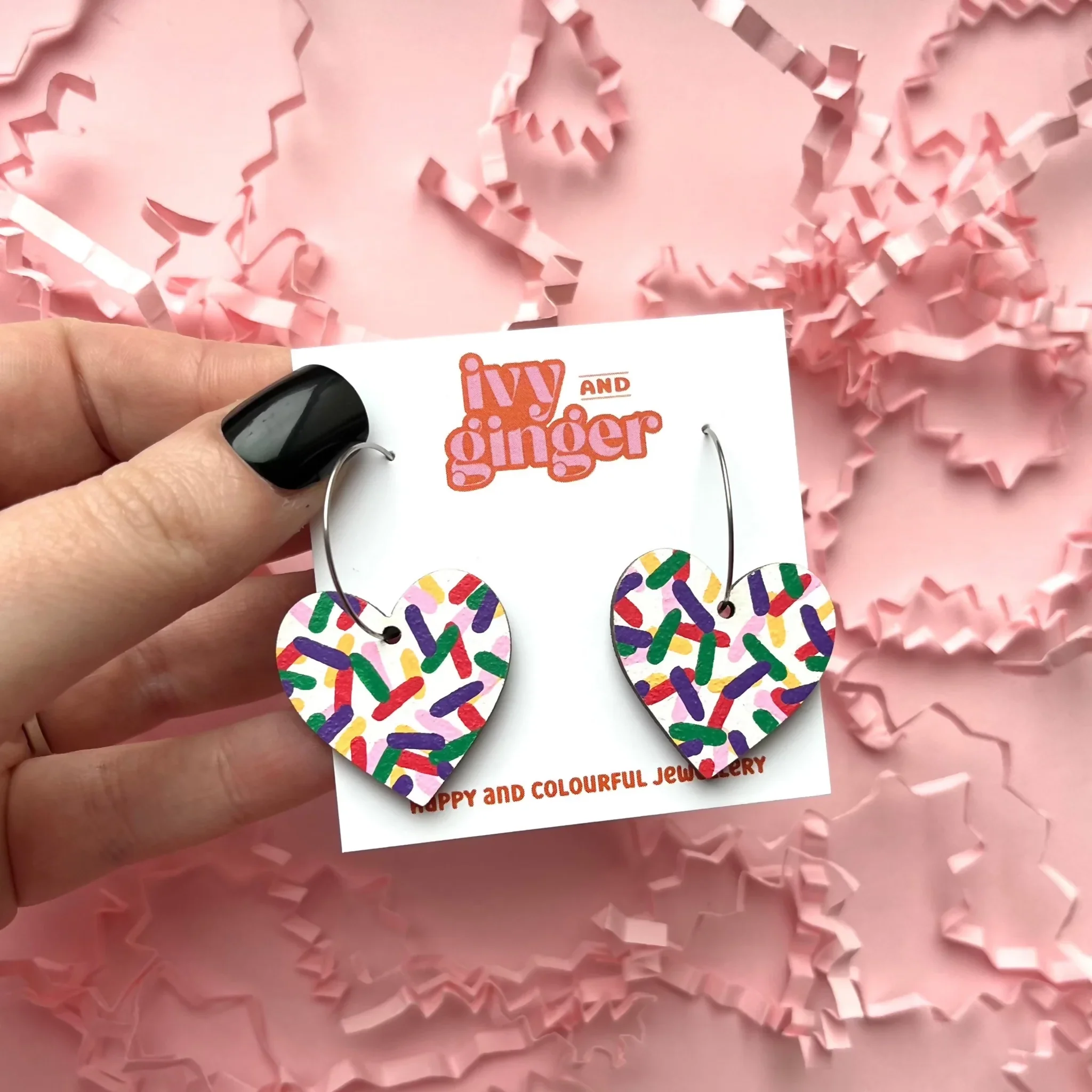 Large Confetti Heart Hoop Wooden Earrings - Image 2