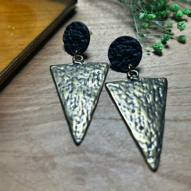 Large Gold Hammered Triangle Drop Earrings - Image 2