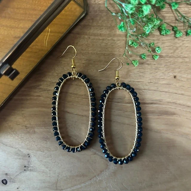 Large Gold Plated Blue Agate Beaded Earrings