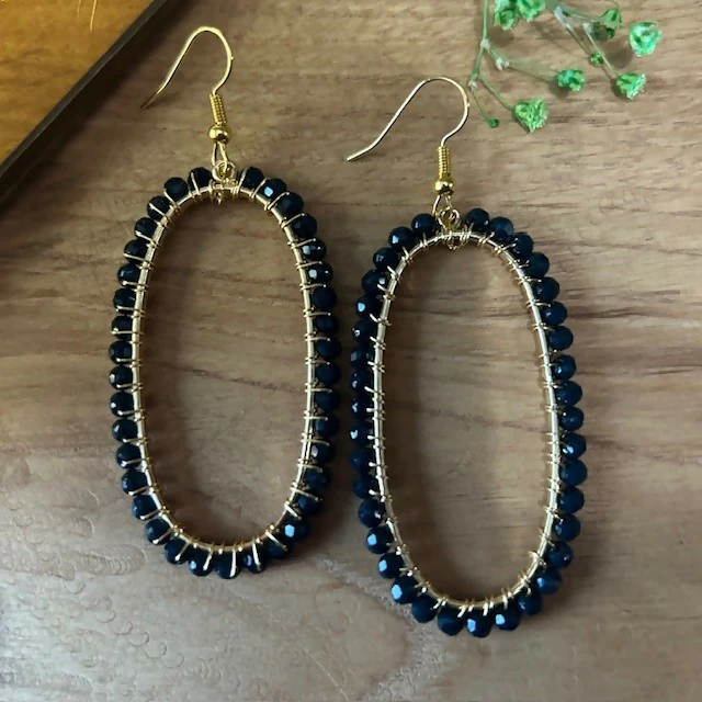 Large Gold Plated Blue Agate Beaded Earrings - Image 2