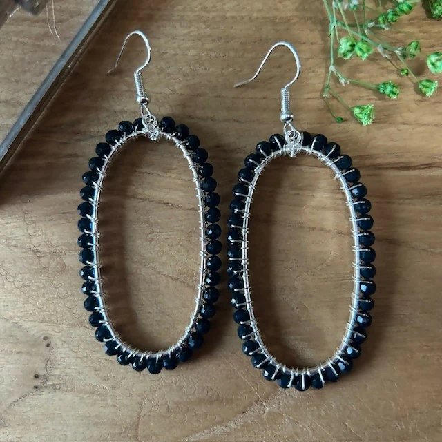 Large Silver Plated Blue Agate Beaded Oval Earrings - Image 2