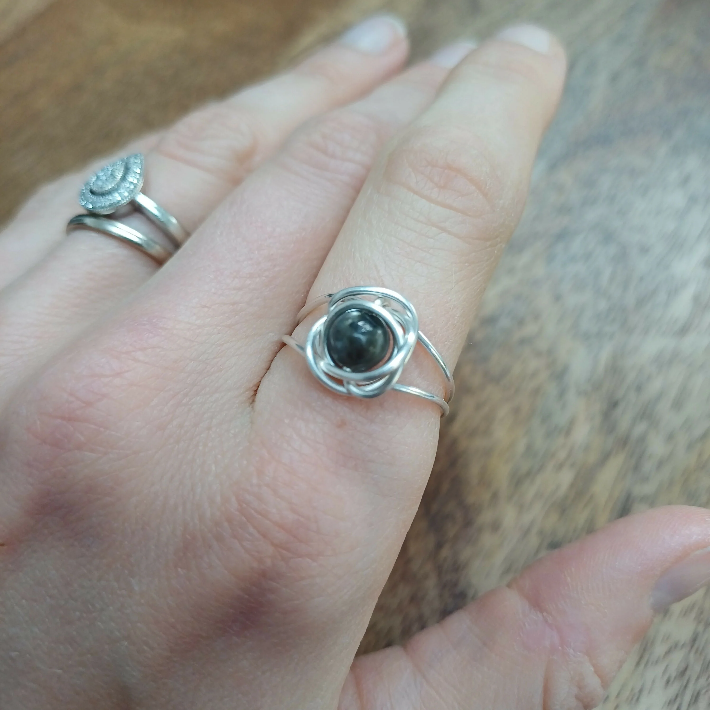 Larvikite Wire Wrapped Adjustable Ring