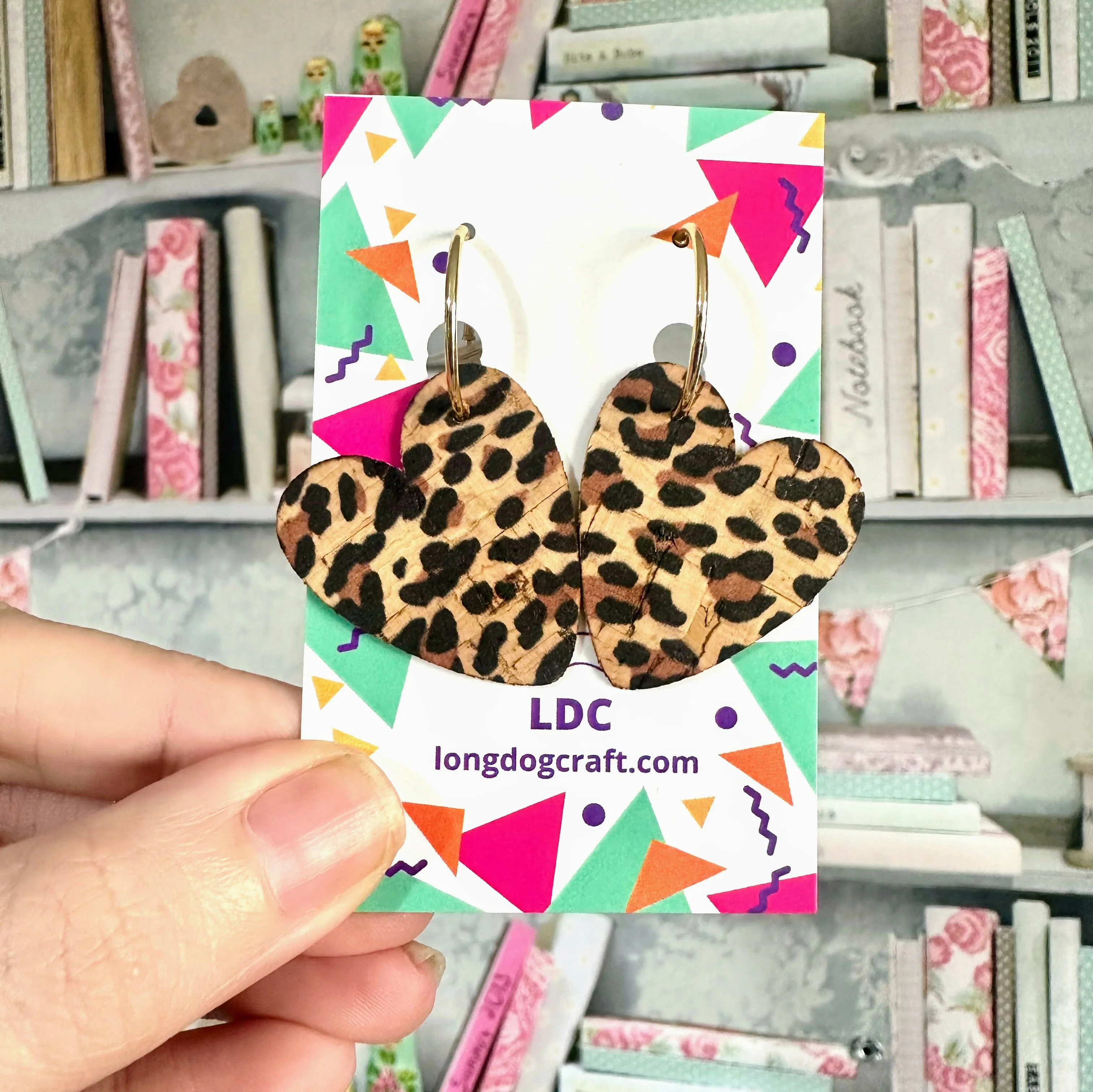 Leopard Cork Heart Hoops