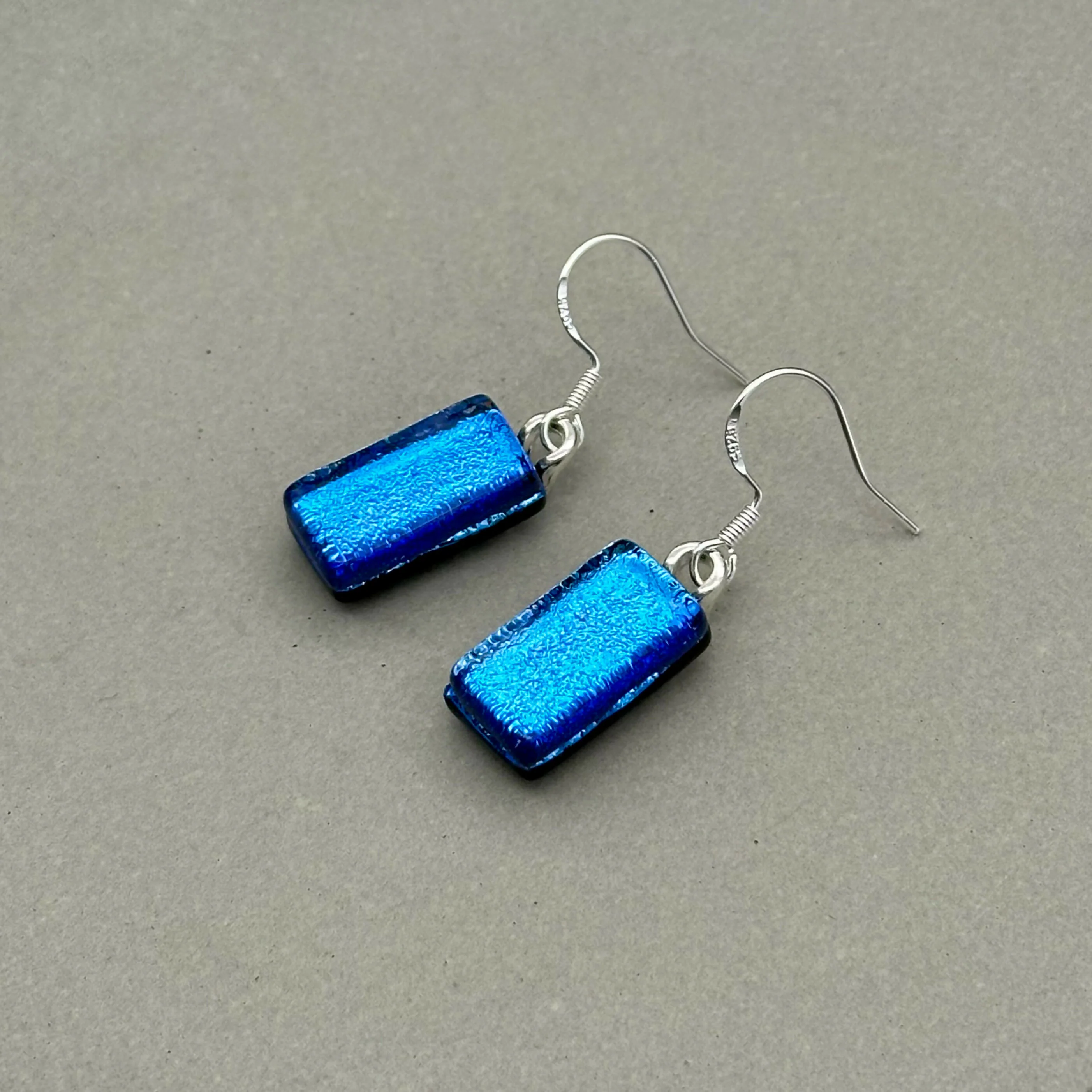 Light Blue Dichroic Fused Glass Dangle Sterling Silver Earrings - Handmade by Jade Tapson Glass. - Image 2