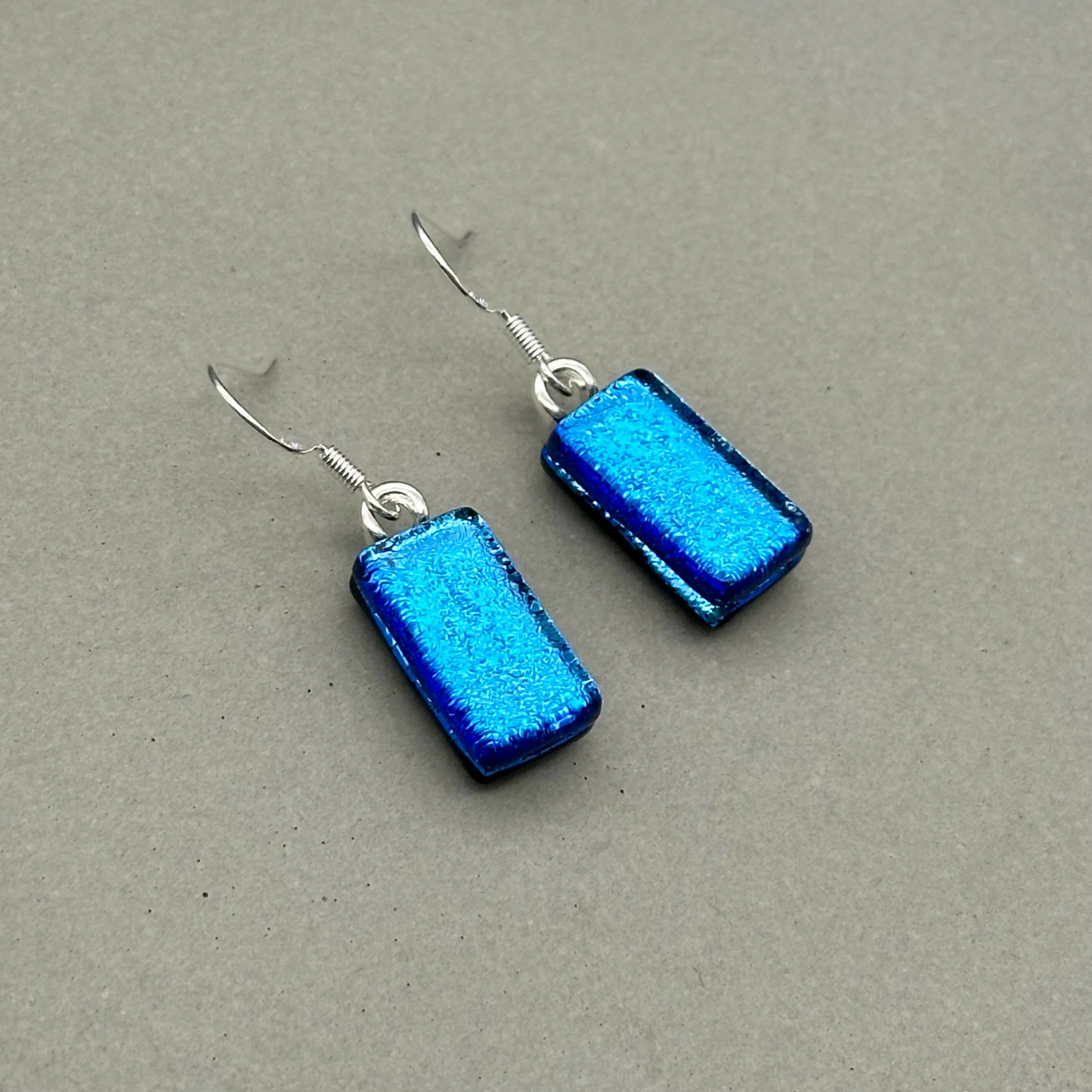 Light Blue Dichroic Fused Glass Dangle Sterling Silver Earrings - Handmade by Jade Tapson Glass. - Image 3